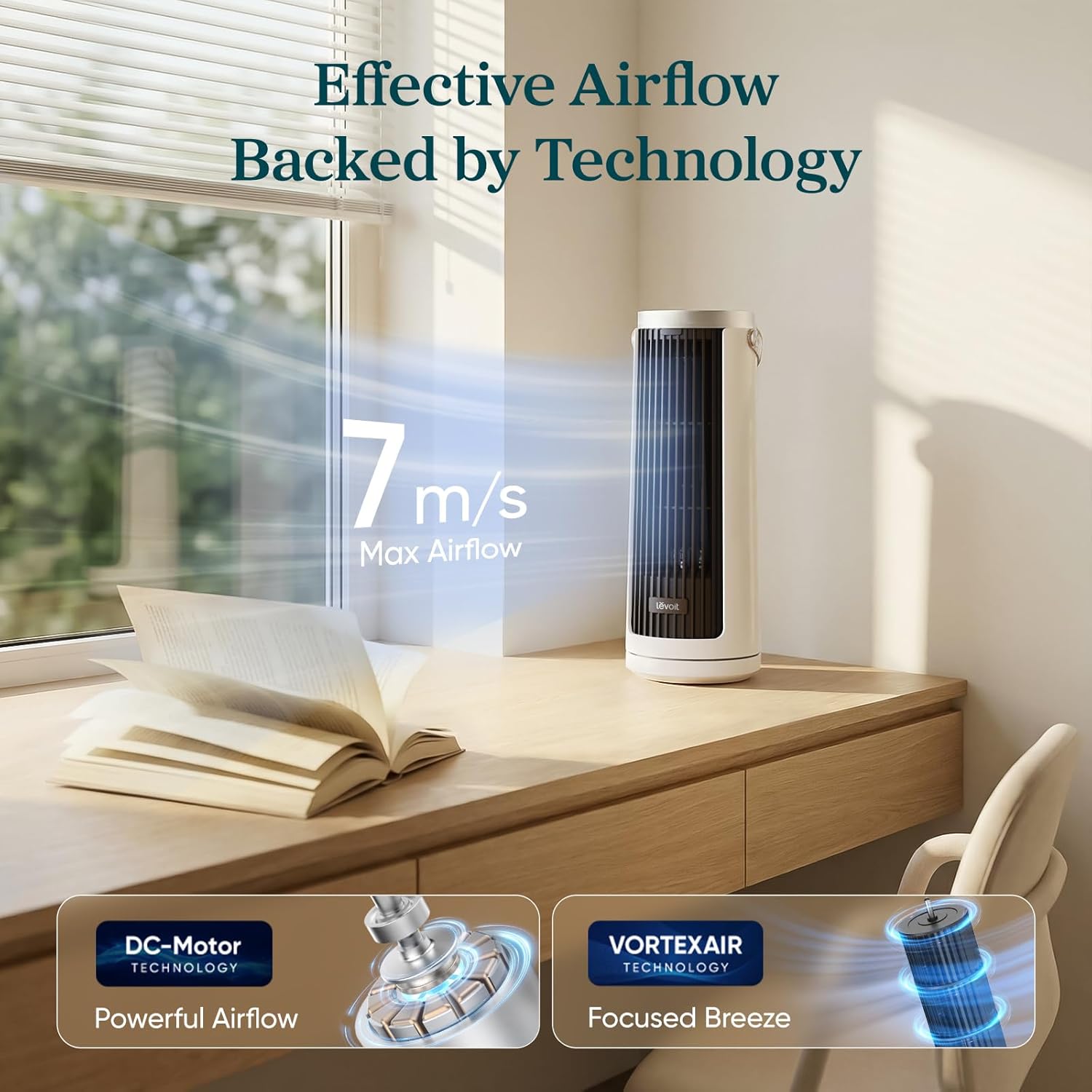 Levoit Tower Fan for Bedroom, 20dB Ultra Quiet, Low Power Consumption, Compact Desk Fan with Strong yet Gentle Cooling Airflow, 12H Timer