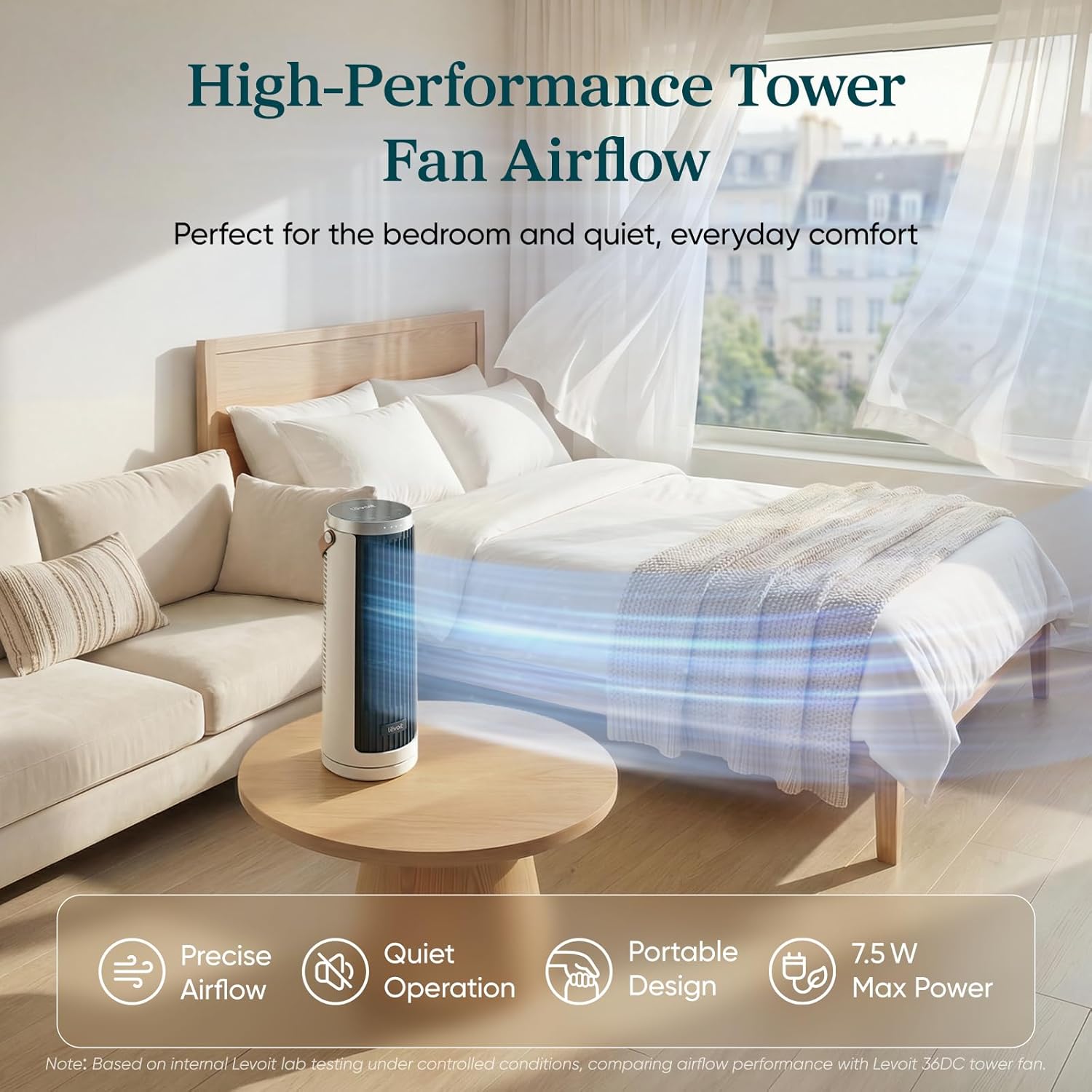 Levoit Tower Fan for Bedroom, 20dB Ultra Quiet, Low Power Consumption, Compact Desk Fan with Strong yet Gentle Cooling Airflow, 12H Timer