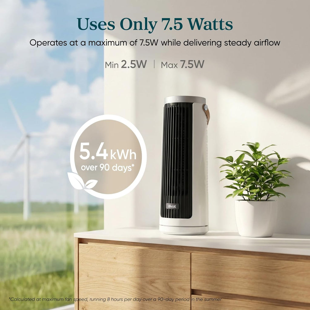 Levoit Tower Fan for Bedroom, 20dB Ultra Quiet, Low Power Consumption, Compact Desk Fan with Strong yet Gentle Cooling Airflow, 12H Timer