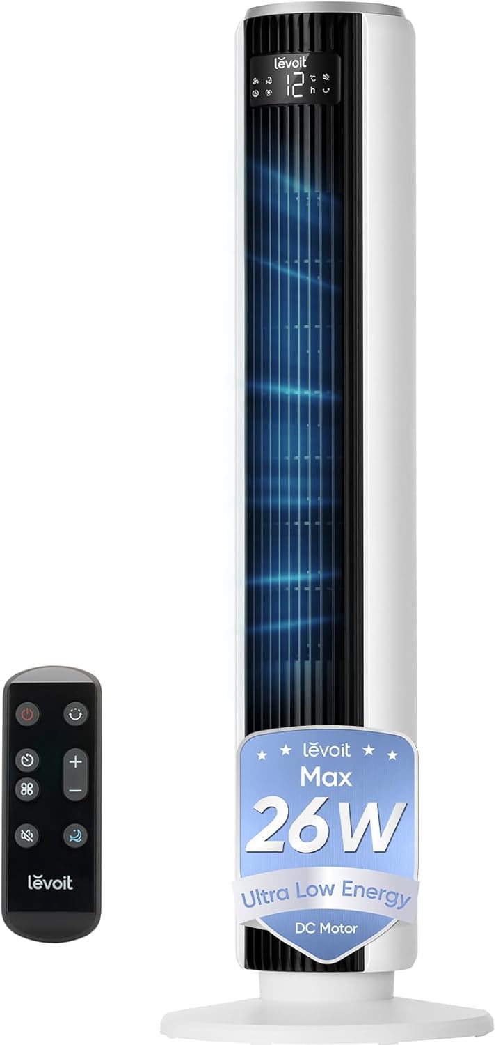 Levoit 20dB Silent Tower Fan, Energy Saving Fan for Bedroom & Home, Powerful Cooling with DC Motor, 4 Modes 12 Speeds, Advanced Sleep Mode