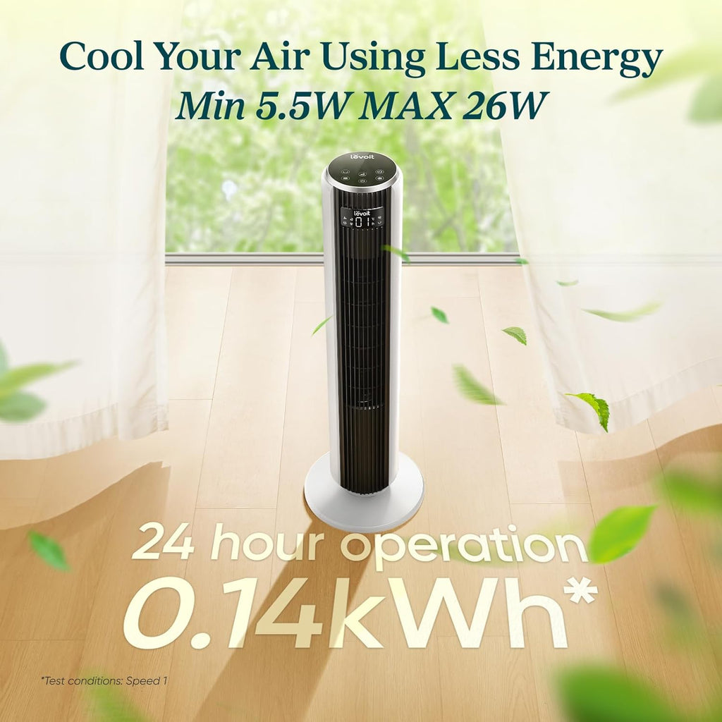 Levoit 20dB Silent Tower Fan, Energy Saving Fan for Bedroom & Home, Powerful Cooling with DC Motor, 4 Modes 12 Speeds, Advanced Sleep Mode