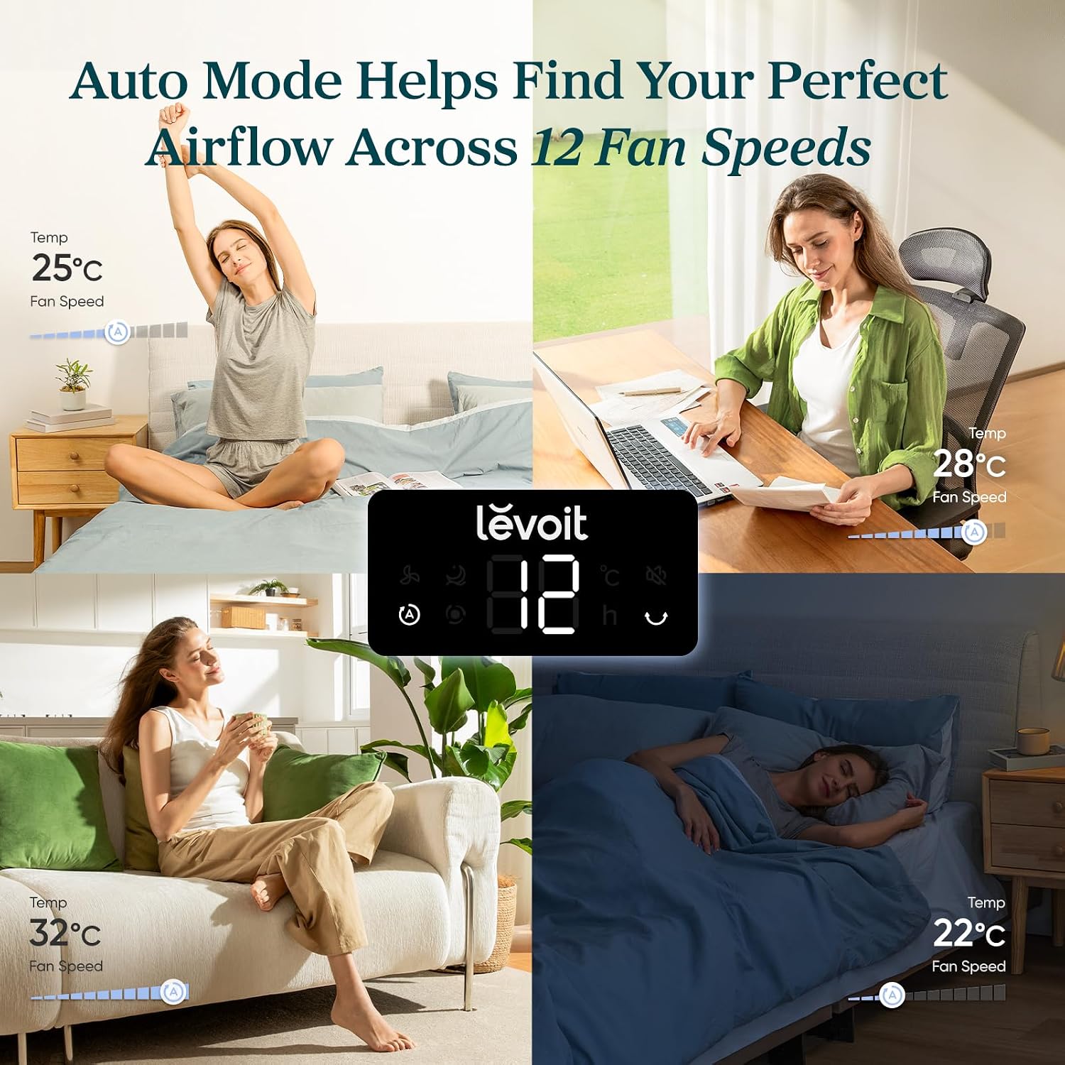 Levoit 20dB Silent Tower Fan, Energy Saving Fan for Bedroom & Home, Powerful Cooling with DC Motor, 4 Modes 12 Speeds, Advanced Sleep Mode
