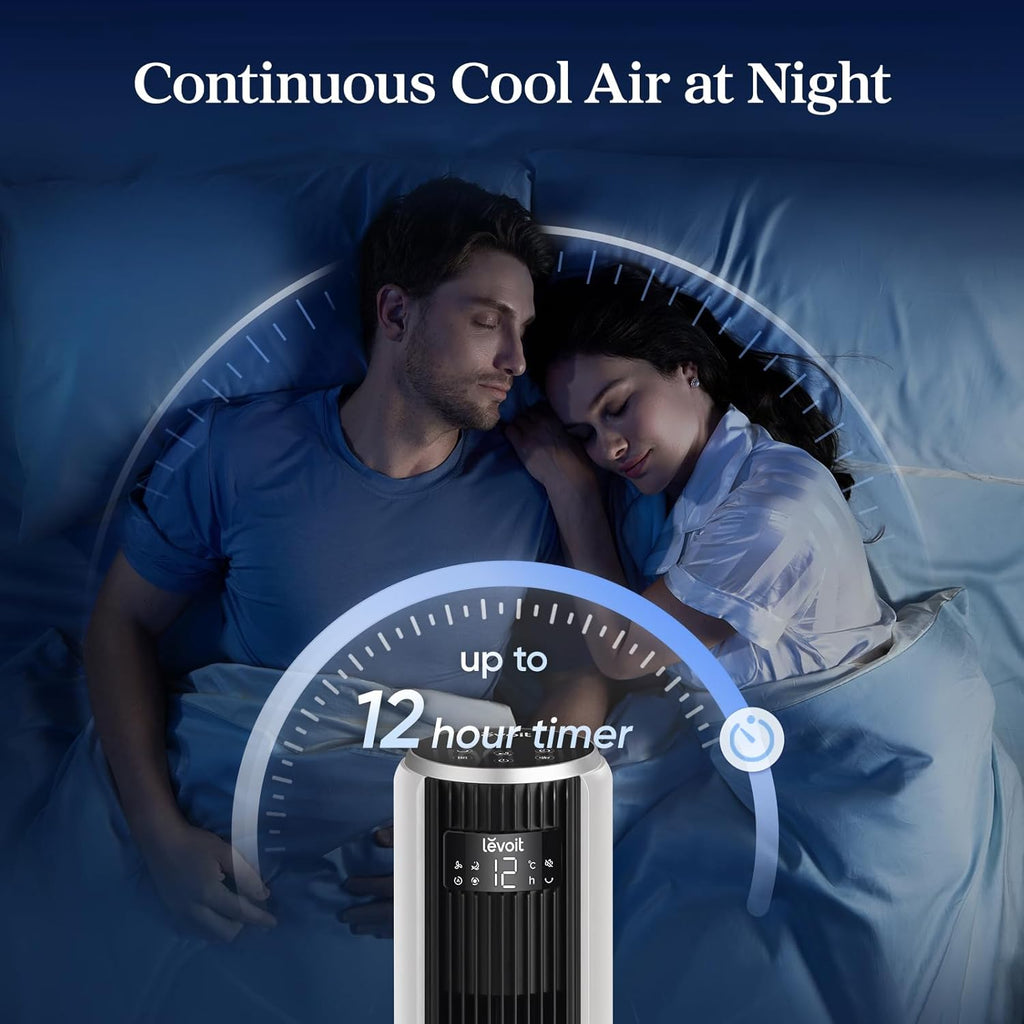Levoit 20dB Silent Tower Fan, Energy Saving Fan for Bedroom & Home, Powerful Cooling with DC Motor, 4 Modes 12 Speeds, Advanced Sleep Mode