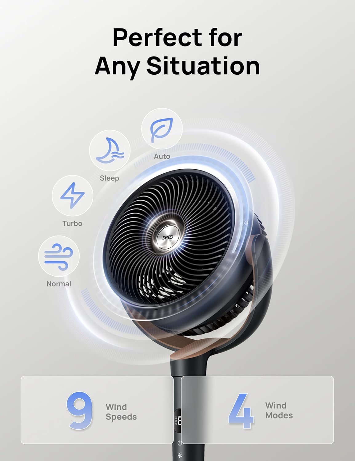 DREO 20dB Ultra Quiet Standing Pedestal Fan for Bedroom, 120 Oscillating Electric Cooling Fan with DC Motor, 9 Speeds & 4 Modes, 8H Timer, Remote