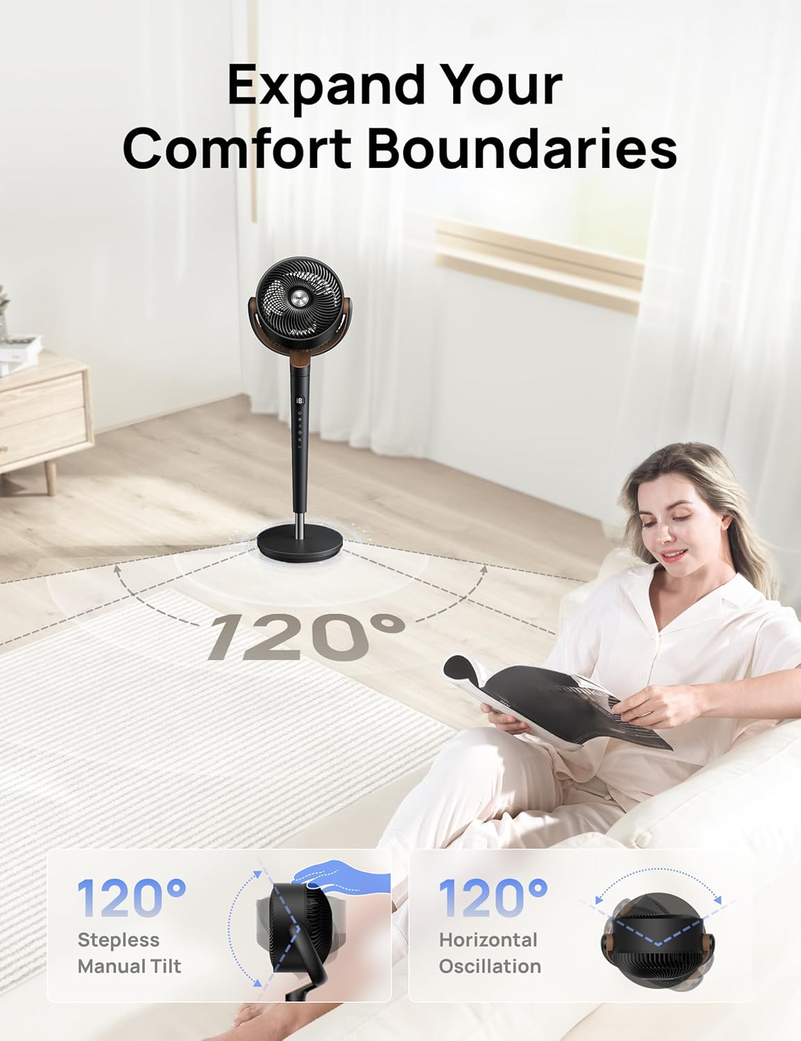 DREO 20dB Ultra Quiet Standing Pedestal Fan for Bedroom, 120 Oscillating Electric Cooling Fan with DC Motor, 9 Speeds & 4 Modes, 8H Timer, Remote