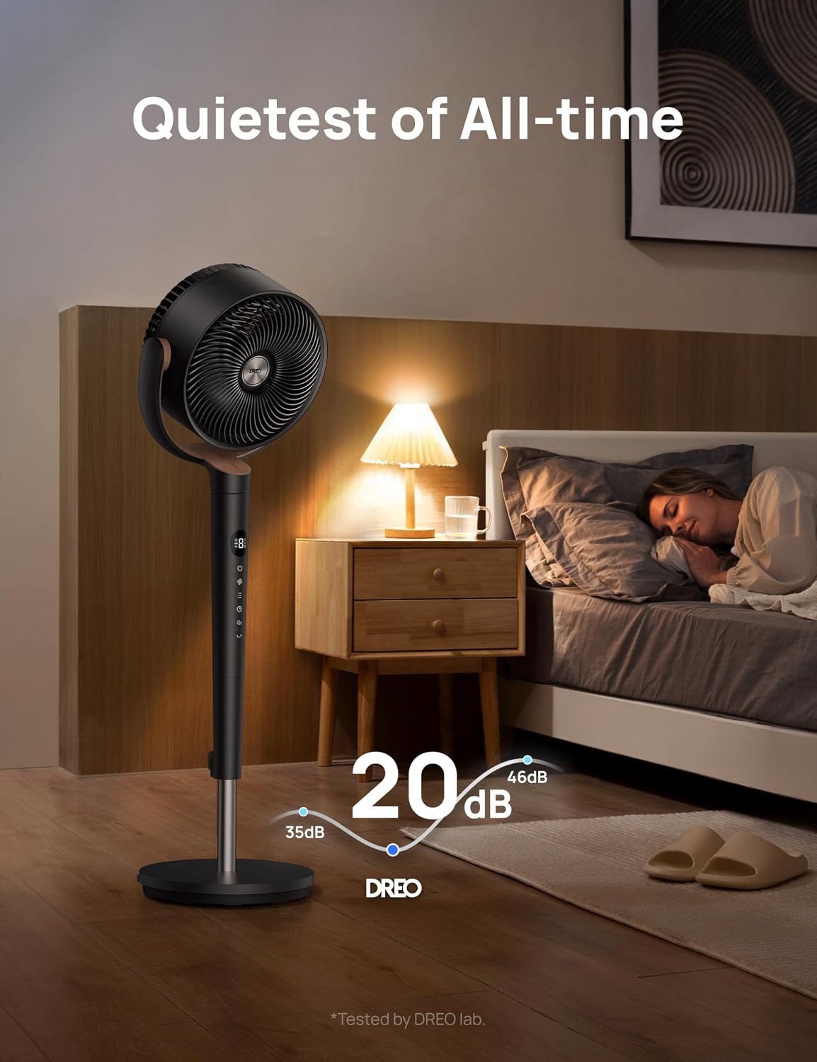DREO 20dB Ultra Quiet Standing Pedestal Fan for Bedroom, 120 Oscillating Electric Cooling Fan with DC Motor, 9 Speeds & 4 Modes, 8H Timer, Remote