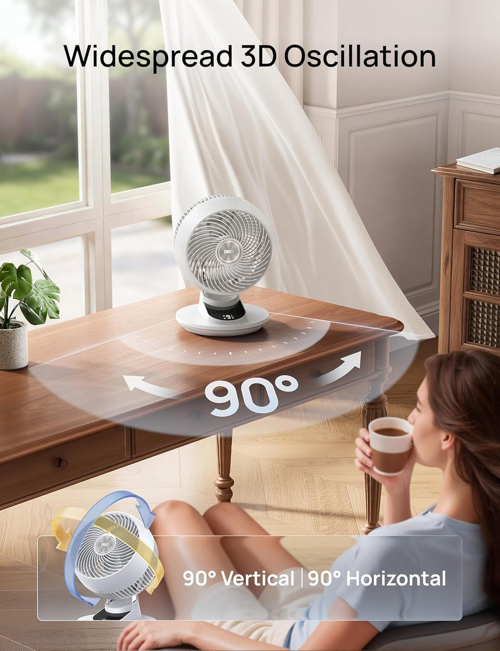 DREO 20dB Smart Desk Fan for Bedroom, 90+90 Oscillating Cooling Air Circulator, Silent Powerful DC Motor with 85ft Airflow, 9 Speeds, 6 Modes