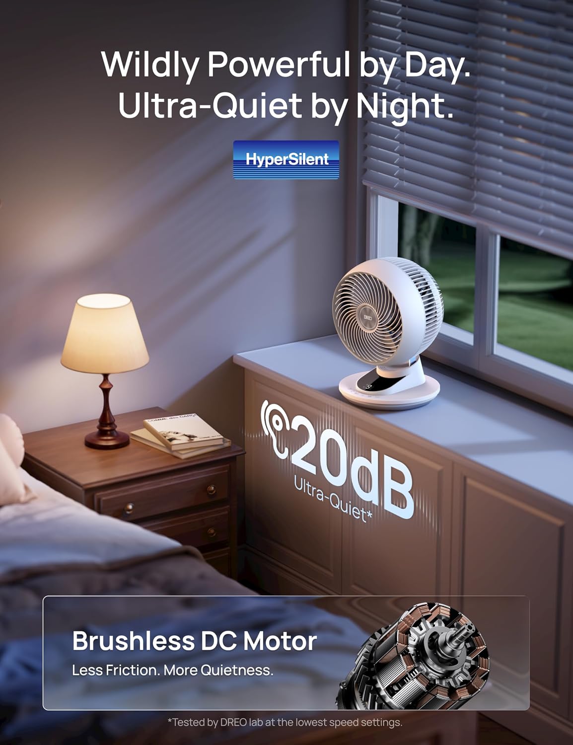 DREO 20dB Smart Desk Fan for Bedroom, 90+90 Oscillating Cooling Air Circulator, Silent Powerful DC Motor with 85ft Airflow, 9 Speeds, 6 Modes