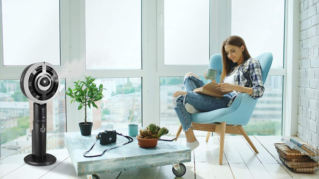 SUNTEC Fan with Water Cooling incl. Monsun Vario Remote Control | Water Mist Spray | Quiet Humidifier with Timer Function | Pedestal Fan | Perfect Room Humidifier for Bedroom, Office