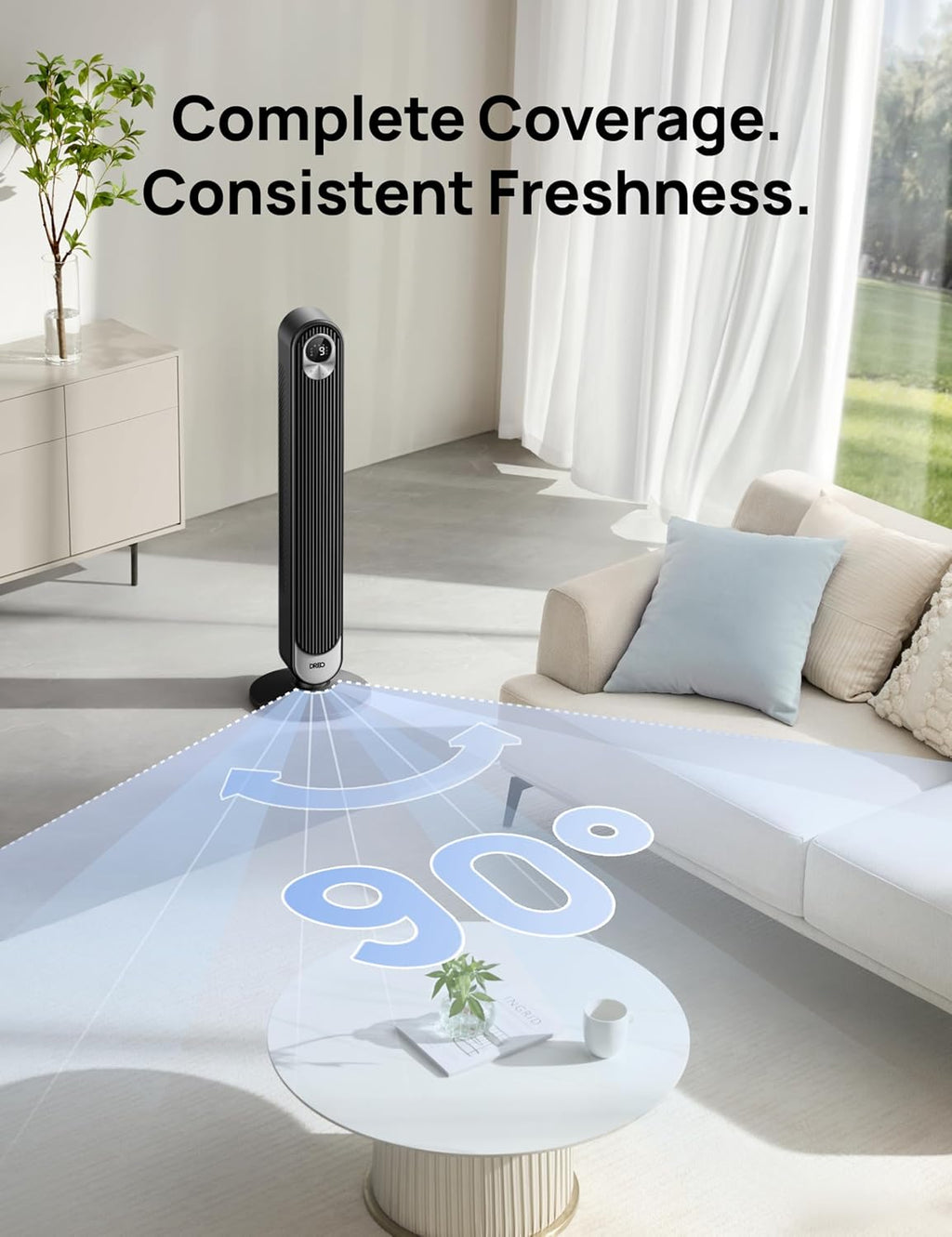 DREO 42 Inch Smart Tower Fan, 8.5m/s High-Velocity Cooling Fans, 9 Speeds Standing Fans for Bedroom, 25dB Silent Bladeless Electric Fan, 4 Modes, 90 Oscillation