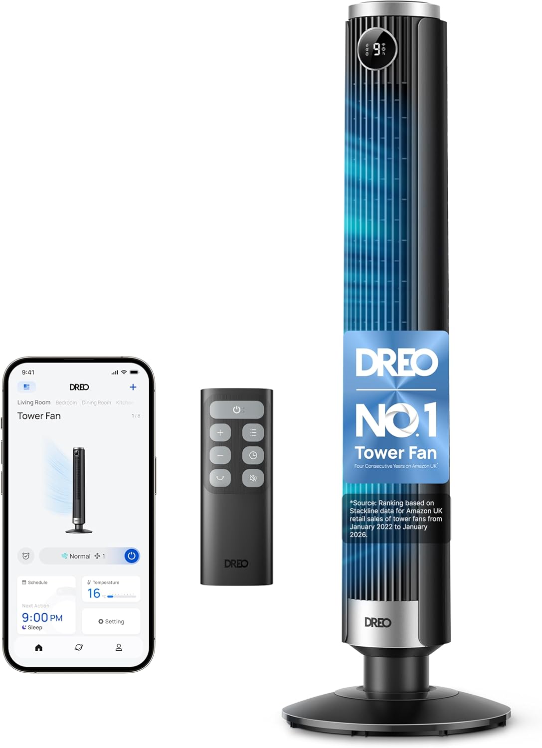 DREO Smart 40-45 inch Tower Fan for Bedroom, Adjustable Height, 28 ft/s Velocity, DC Motor, 9 Speeds, 4 Modes, 90 Oscillating, Standing Fan, 20dB Quiet