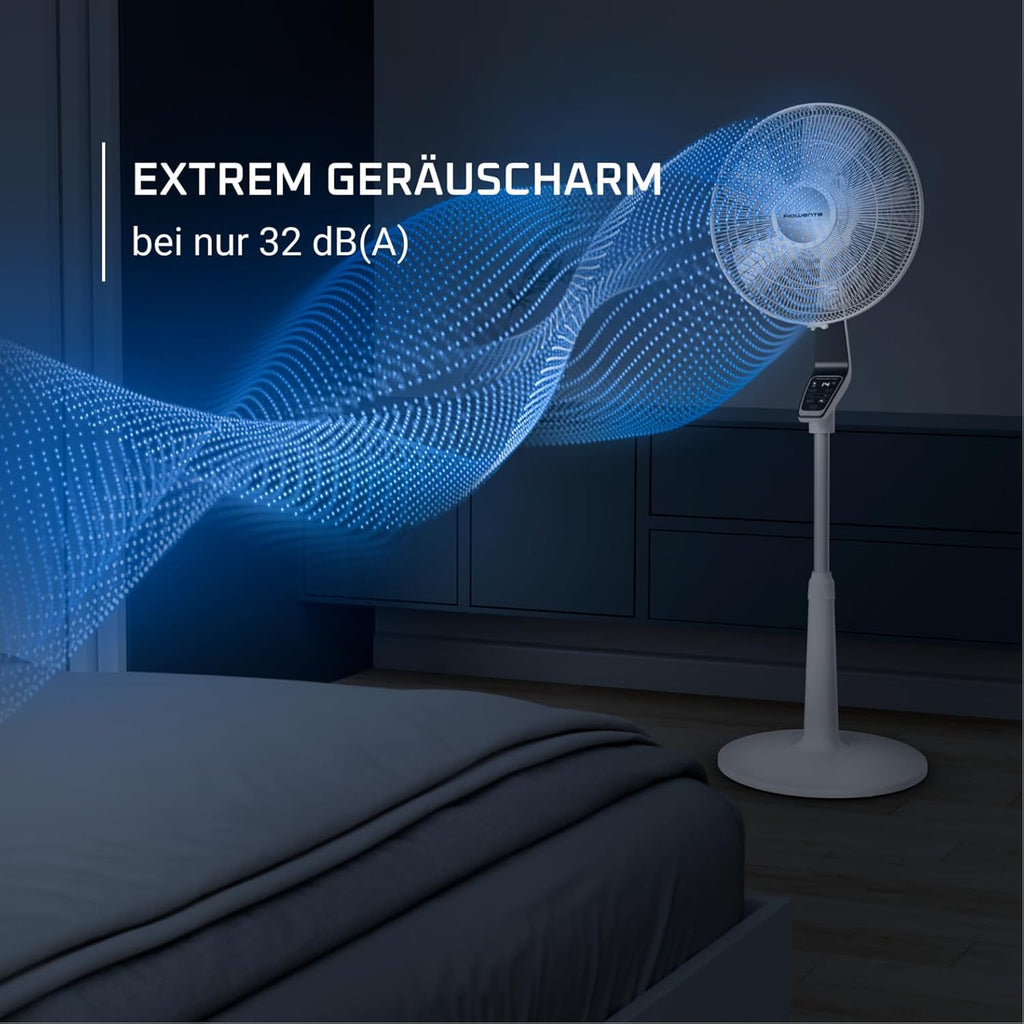 Rowenta Pedestal Fan Turbo Silence Extreme, 14 Speed Levels, 32 dB Silent Night Mode, Remote Control, Oscillation, Height-Adjustable, Air Circulation up to 8.2 m, White, VU5690F0