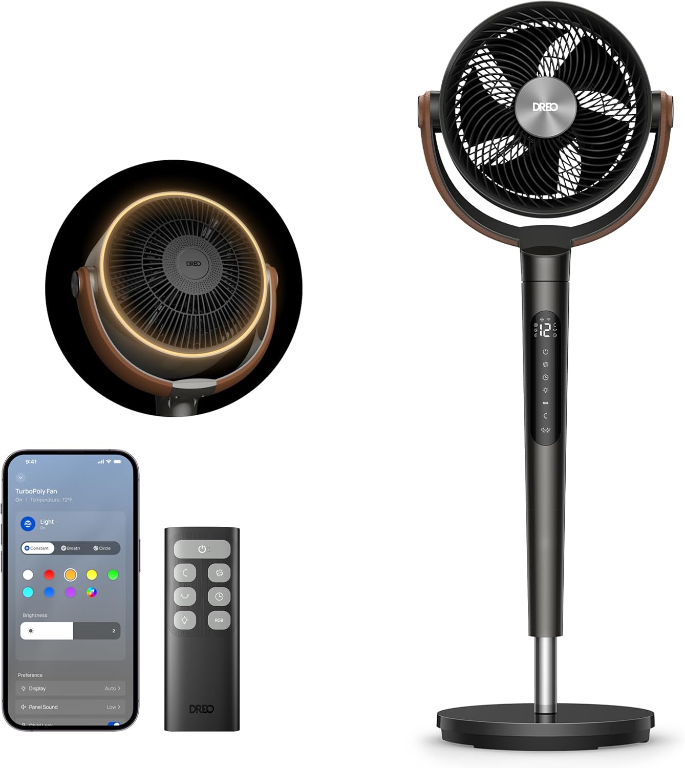 DREO 20dB Quiet Smart Pedestal Fan for Bedroom with RGB LED, 150°+120° Oscillation, 30m Air Circulator and 2209 m³/h Air Volume, 12 Speeds, 6 Modes, 94-107cm Height, Wi-Fi & Alexa