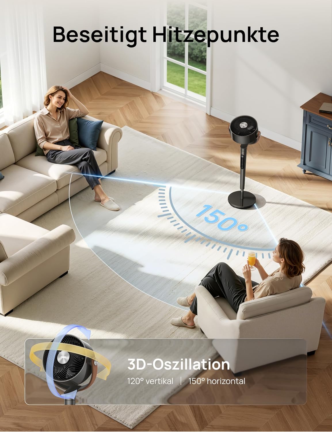 DREO 20dB Quiet Smart Pedestal Fan for Bedroom with RGB LED, 150°+120° Oscillation, 30m Air Circulator and 2209 m³/h Air Volume, 12 Speeds, 6 Modes, 94-107cm Height, Wi-Fi & Alexa