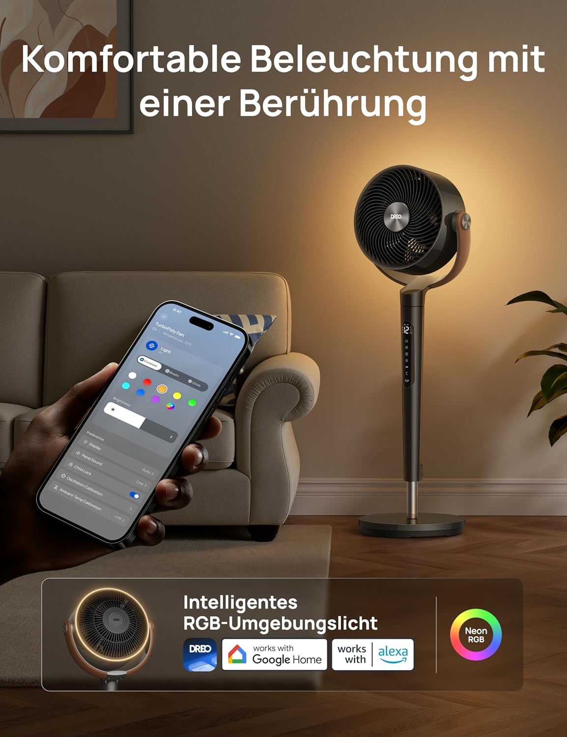 DREO 20dB Quiet Smart Pedestal Fan for Bedroom with RGB LED, 150°+120° Oscillation, 30m Air Circulator and 2209 m³/h Air Volume, 12 Speeds, 6 Modes, 94-107cm Height, Wi-Fi & Alexa