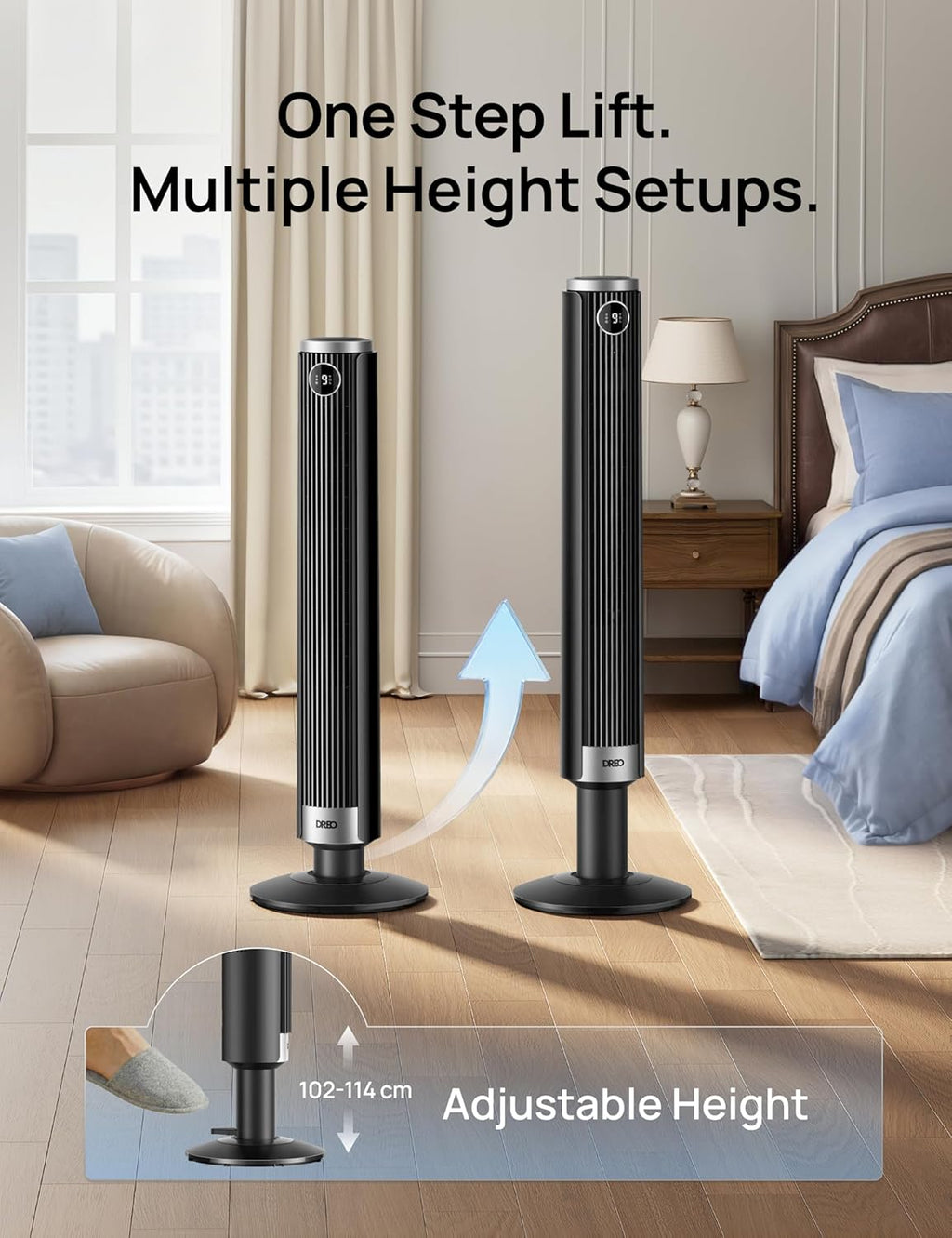 DREO Smart 40-45 inch Tower Fan for Bedroom, Adjustable Height, 28 ft/s Velocity, DC Motor, 9 Speeds, 4 Modes, 90 Oscillating, Standing Fan, 20dB Quiet