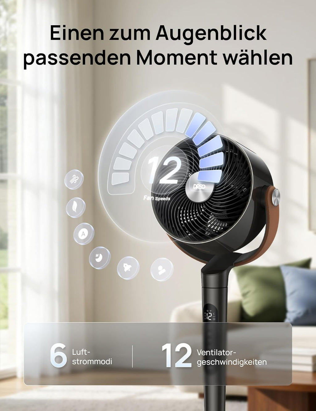 DREO 20dB Quiet Smart Pedestal Fan for Bedroom with RGB LED, 150°+120° Oscillation, 30m Air Circulator and 2209 m³/h Air Volume, 12 Speeds, 6 Modes, 94-107cm Height, Wi-Fi & Alexa