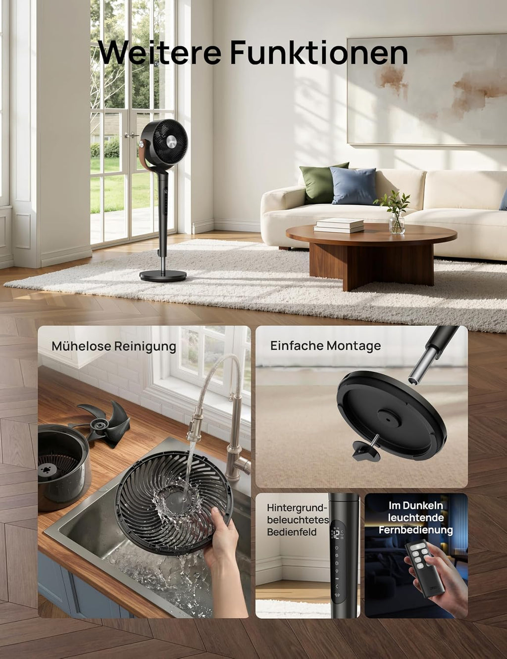 DREO 20dB Quiet Smart Pedestal Fan for Bedroom with RGB LED, 150°+120° Oscillation, 30m Air Circulator and 2209 m³/h Air Volume, 12 Speeds, 6 Modes, 94-107cm Height, Wi-Fi & Alexa