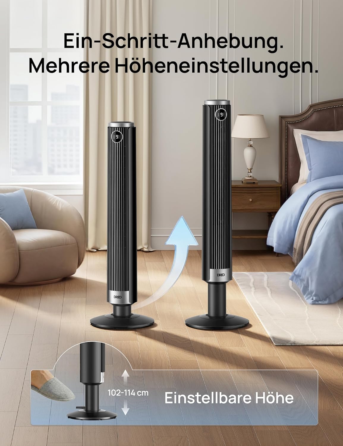 DREO Smart 102–114cm Tower Fan for Bedroom, Height-Adjustable, 8.4 m/s, DC Motor, 9 Levels, 4 Modes, 90° Oscillation, Standing Fan, 20dB Quiet, 12H Timer for Home and Office, Google/Alexa