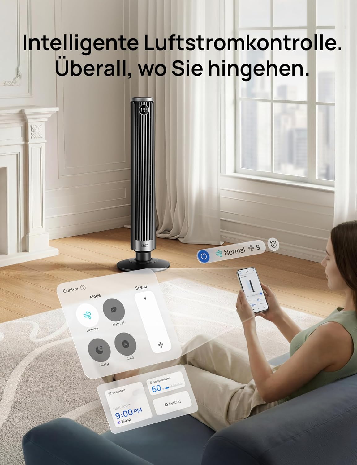 DREO Smart 102–114cm Tower Fan for Bedroom, Height-Adjustable, 8.4 m/s, DC Motor, 9 Levels, 4 Modes, 90° Oscillation, Standing Fan, 20dB Quiet, 12H Timer for Home and Office, Google/Alexa