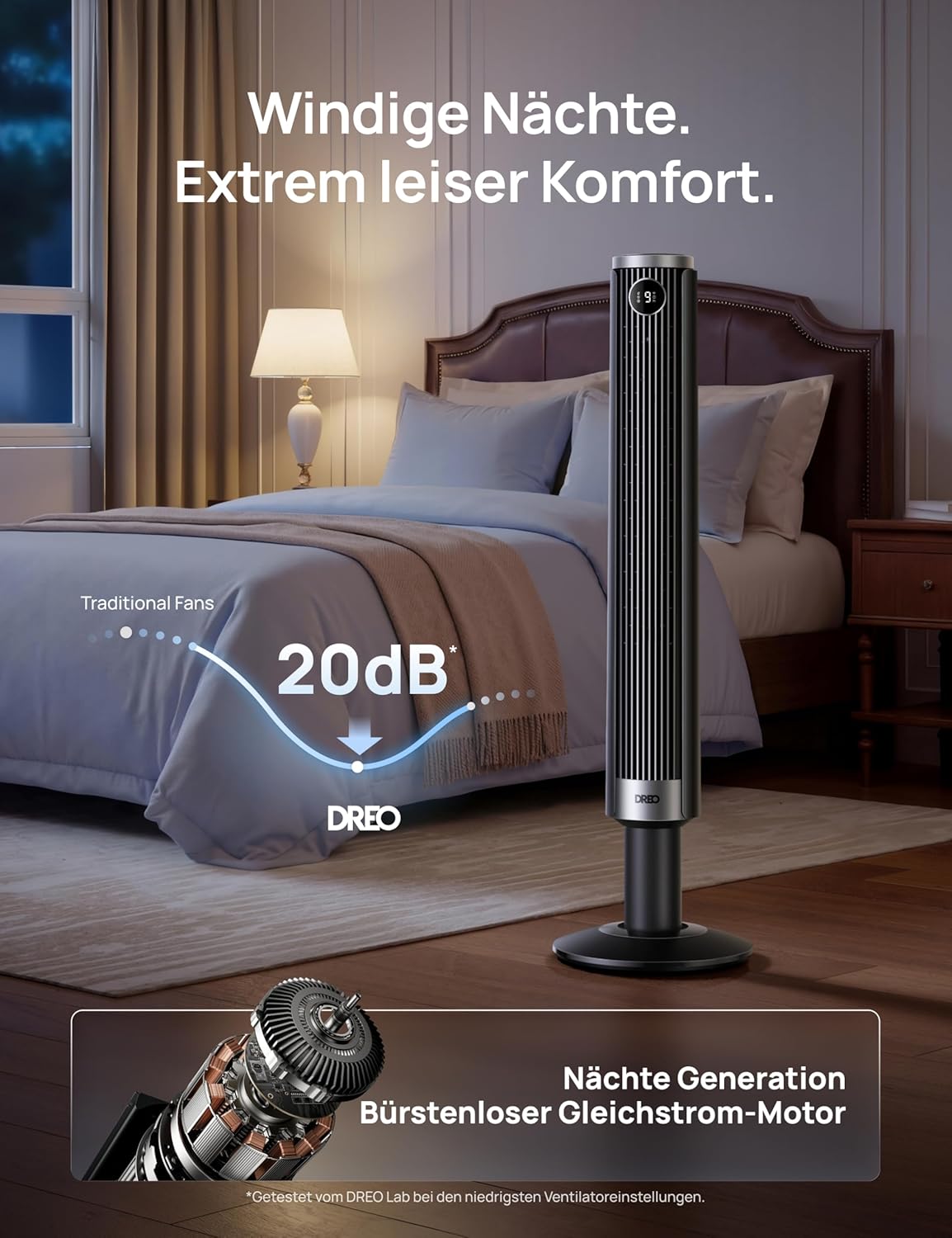 DREO Smart 102–114cm Tower Fan for Bedroom, Height-Adjustable, 8.4 m/s, DC Motor, 9 Levels, 4 Modes, 90° Oscillation, Standing Fan, 20dB Quiet, 12H Timer for Home and Office, Google/Alexa