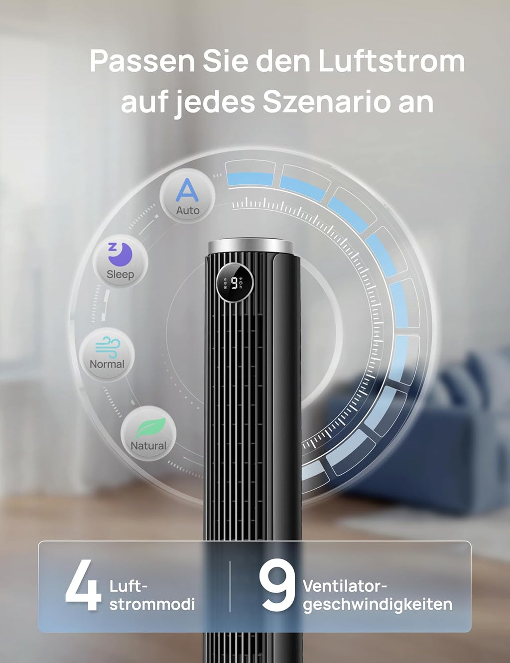 DREO Smart 102–114cm Tower Fan for Bedroom, Height-Adjustable, 8.4 m/s, DC Motor, 9 Levels, 4 Modes, 90° Oscillation, Standing Fan, 20dB Quiet, 12H Timer for Home and Office, Google/Alexa
