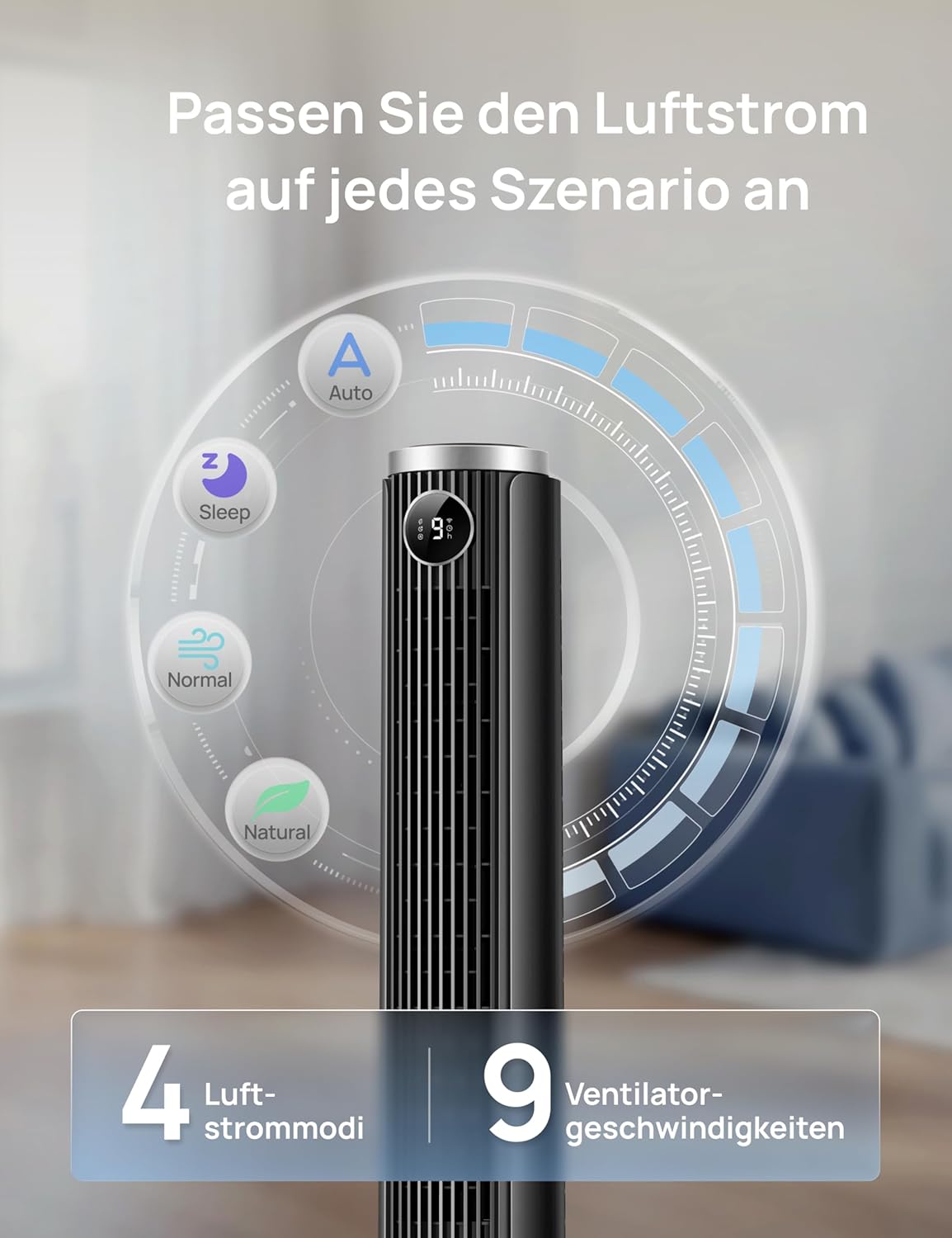DREO Smart 102–114cm Tower Fan for Bedroom, Height-Adjustable, 8.4 m/s, DC Motor, 9 Levels, 4 Modes, 90° Oscillation, Standing Fan, 20dB Quiet, 12H Timer for Home and Office, Google/Alexa