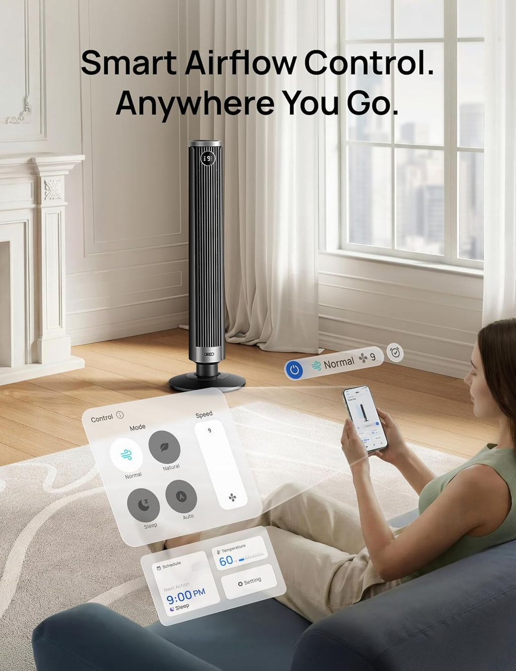 DREO Smart 40-45 inch Tower Fan for Bedroom, Adjustable Height, 28 ft/s Velocity, DC Motor, 9 Speeds, 4 Modes, 90 Oscillating, Standing Fan, 20dB Quiet