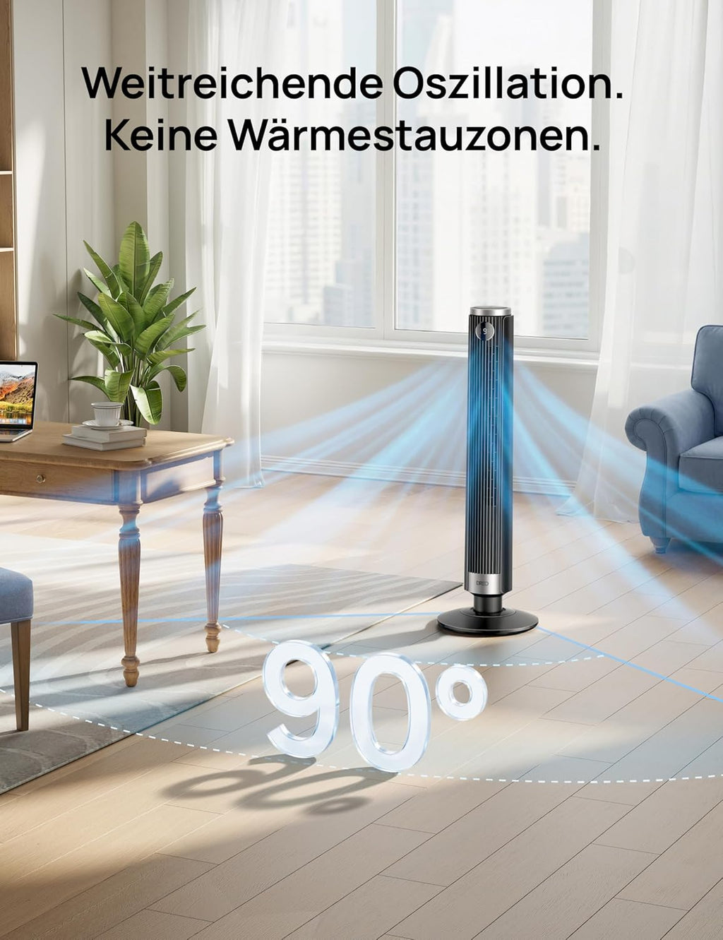 DREO Smart 102–114cm Tower Fan for Bedroom, Height-Adjustable, 8.4 m/s, DC Motor, 9 Levels, 4 Modes, 90° Oscillation, Standing Fan, 20dB Quiet, 12H Timer for Home and Office, Google/Alexa