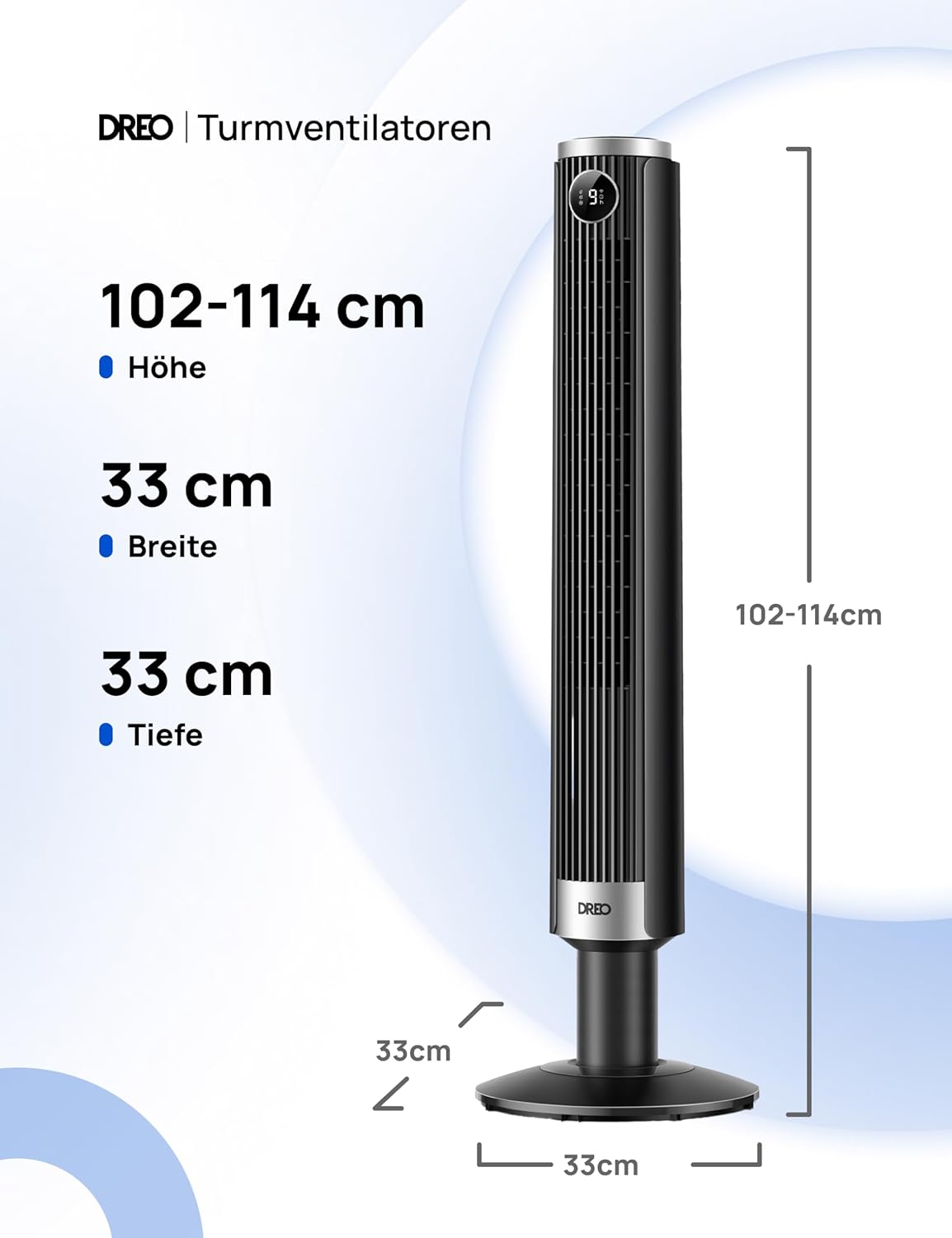 DREO Smart 102–114cm Tower Fan for Bedroom, Height-Adjustable, 8.4 m/s, DC Motor, 9 Levels, 4 Modes, 90° Oscillation, Standing Fan, 20dB Quiet, 12H Timer for Home and Office, Google/Alexa
