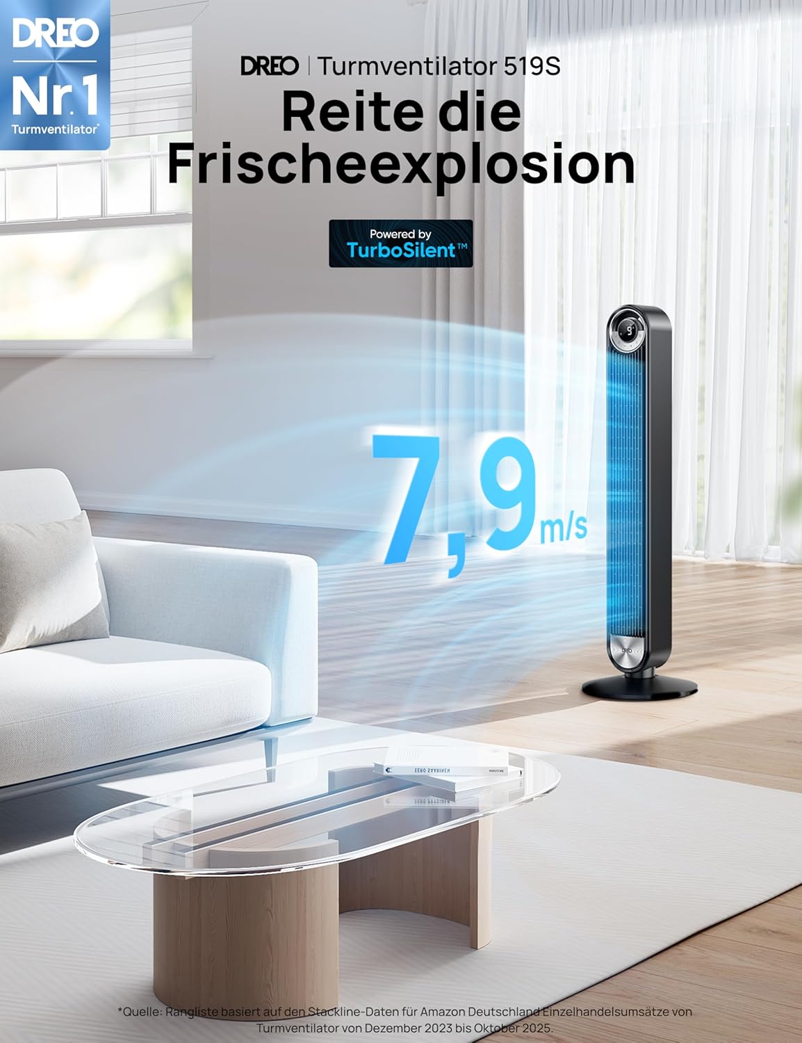 DREO 25 dB Quiet Smart Tower Fan, 106cm Height, 4 Modes, 9-Speed, Max 7.9 m/s, 12H Timer, 90° Oscillating Fan with Remote Control & Voice Control Cooling, Cruiser Pro T2S, Black