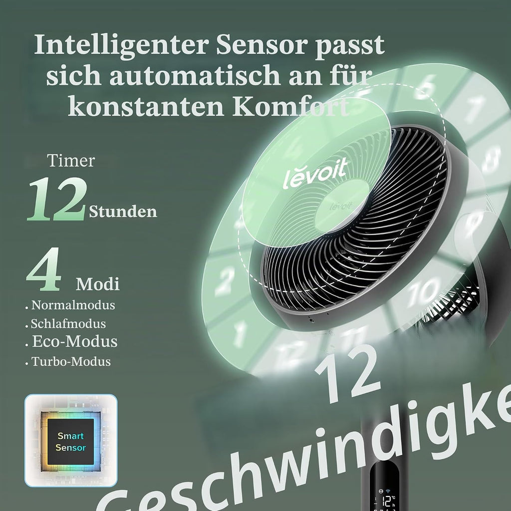 LEVOIT 20 dB Smart Pedestal Fan, DC Motor, Low Power Consumption, with Wi-Fi, 4 Modes and 12 Wind Speeds, 30 m Wind, 12-Hour Timer, 90°+120° Oscillation