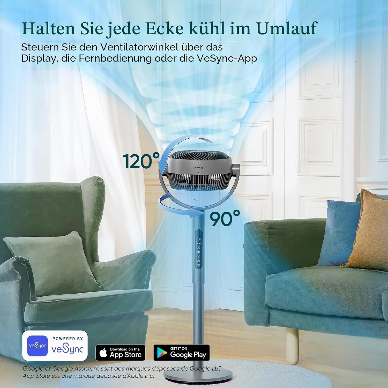 LEVOIT 20 dB Smart Pedestal Fan, DC Motor, Low Power Consumption, with Wi-Fi, 4 Modes and 12 Wind Speeds, 30 m Wind, 12-Hour Timer, 90°+120° Oscillation