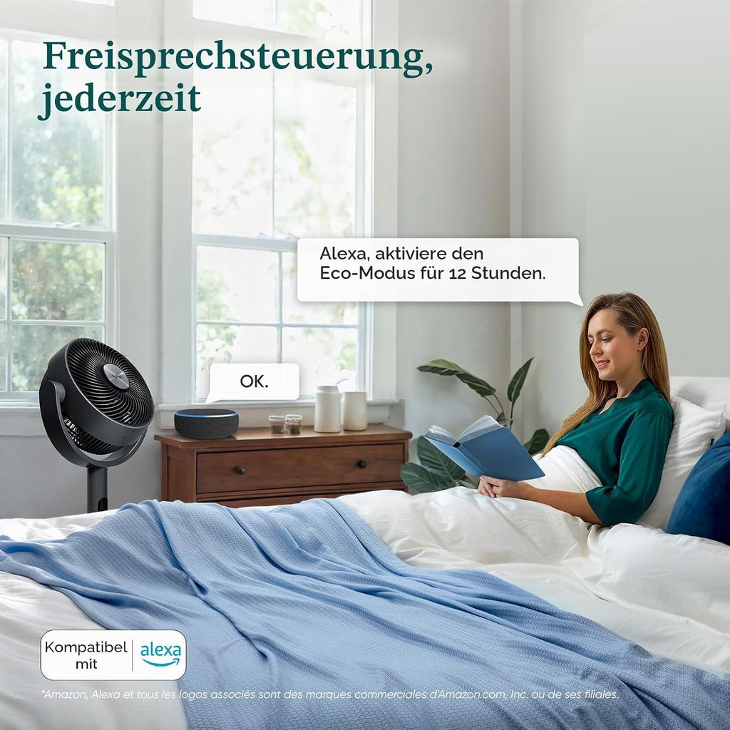 LEVOIT 20 dB Smart Pedestal Fan, DC Motor, Low Power Consumption, with Wi-Fi, 4 Modes and 12 Wind Speeds, 30 m Wind, 12-Hour Timer, 90°+120° Oscillation