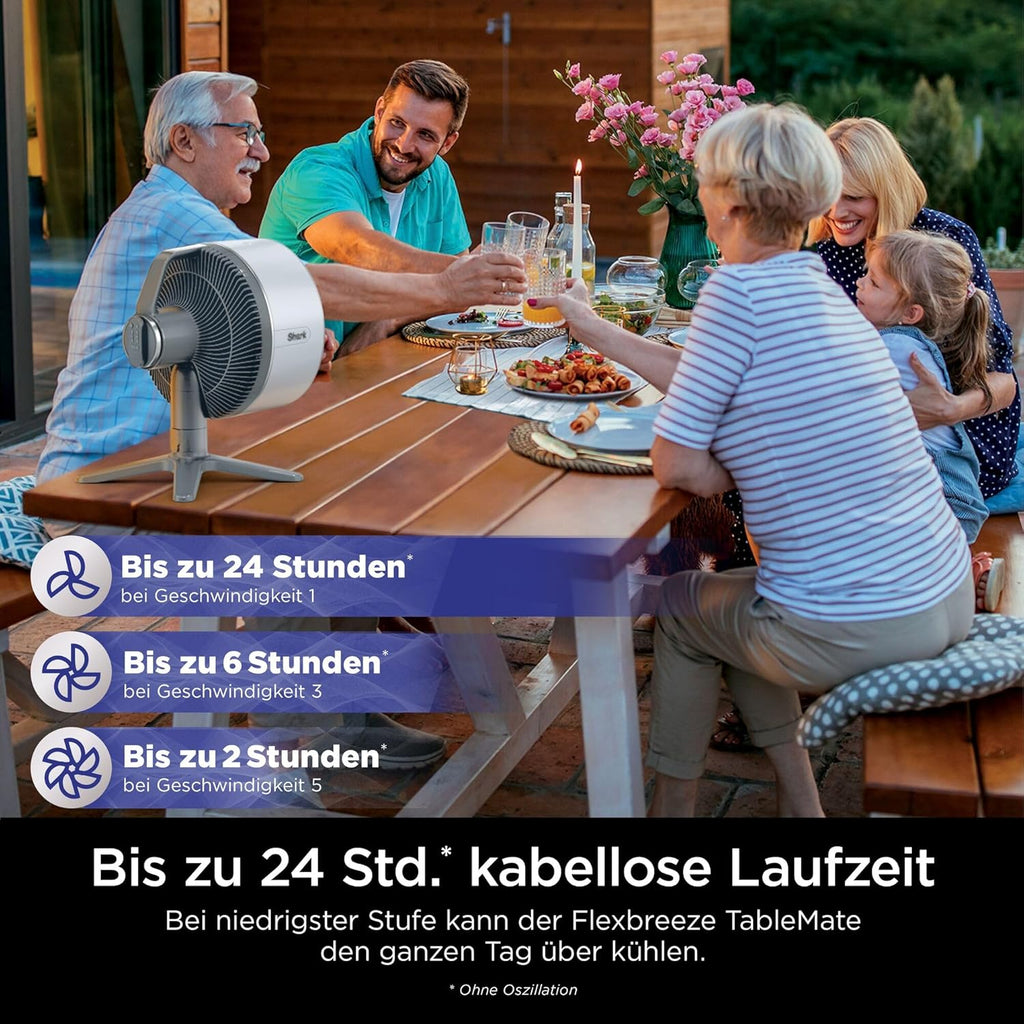 Shark FlexBreeze TableMate Cordless Fan, Indoor & Outdoor, ≤24h Runtime, High-Speed Cooling, 20 m Range, Quiet & Durable, 5 Speeds, Oscillation, Remote Control FA150EU