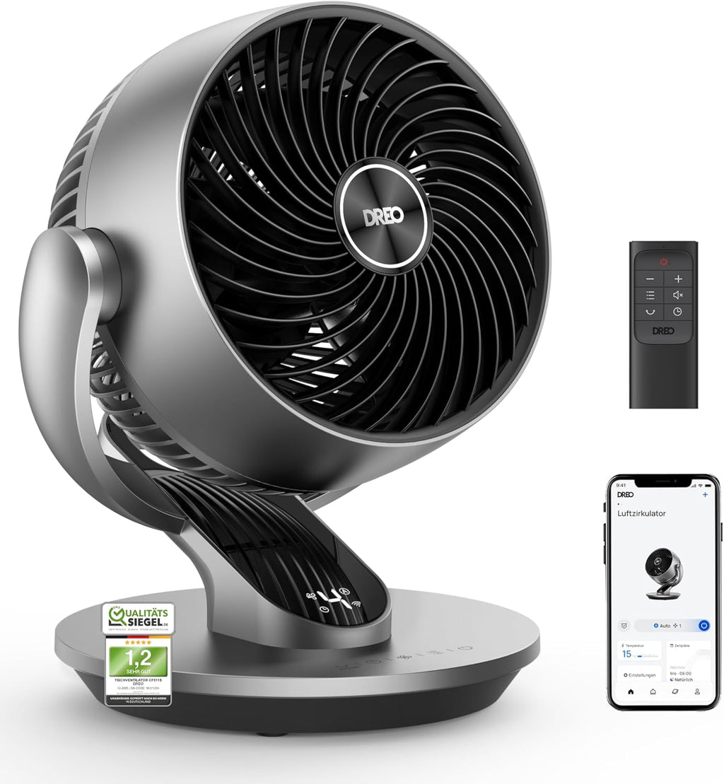 DREO 28dB Quiet Smart Table Fan for Bedroom Office, Fan with Remote Control Cooling, 21m Wind Distance, 4-Speed, 5 Modes, 12H Timer, 90° Auto 120° Manual Oscillating, Lynx S