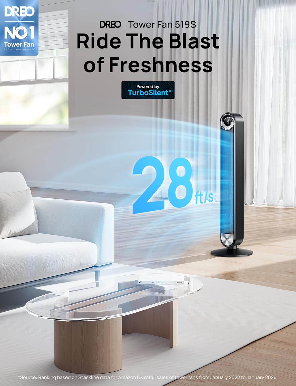 DREO 20dB Smart Silent Tower Fan, 8.5m/s Velocity Standing Fan for Bedroom, 9 Speeds 4 Modes, Upgraded DC Cooling Fans, 90 Oscillating Bladeless