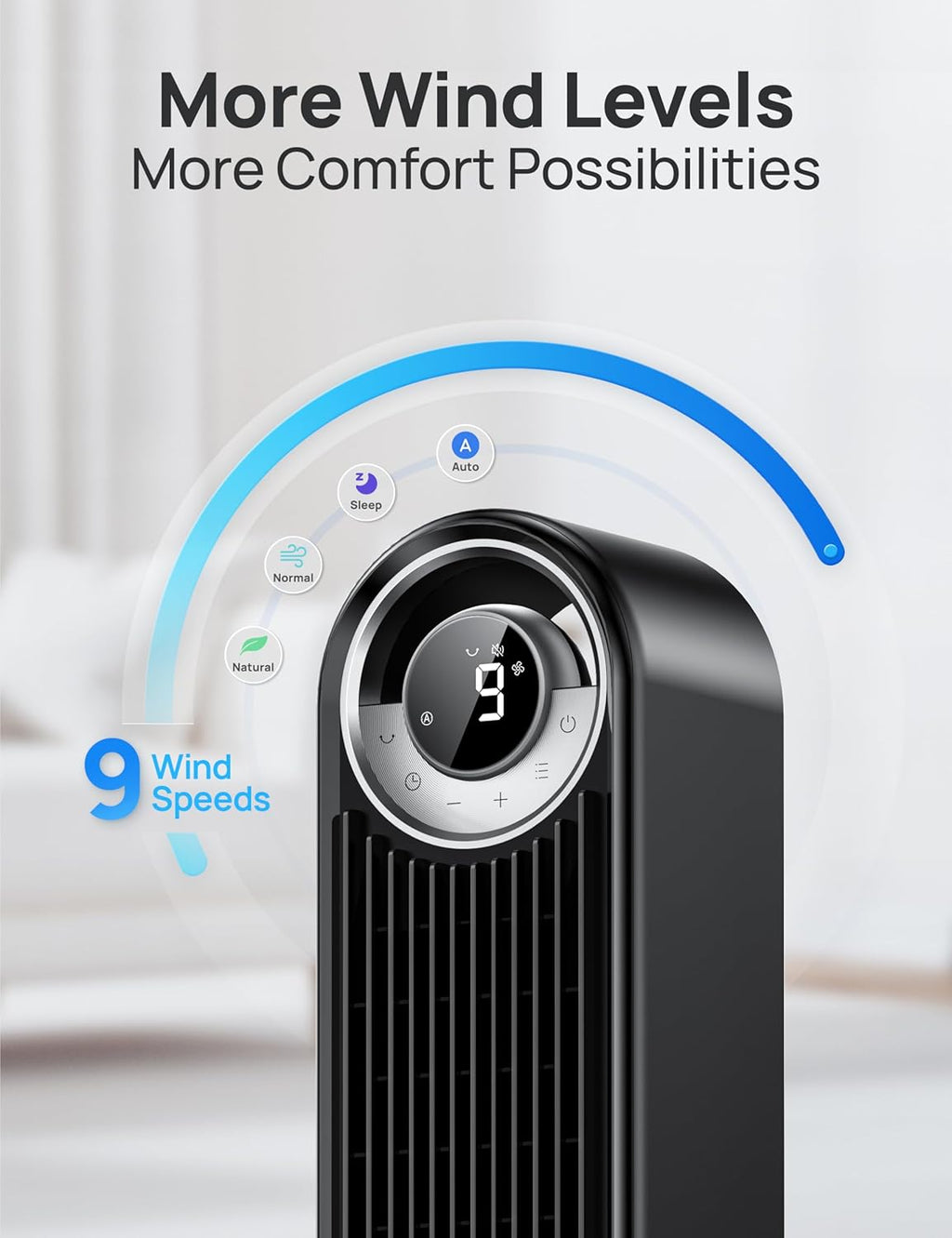 DREO 20dB Smart Silent Tower Fan, 8.5m/s Velocity Standing Fan for Bedroom, 9 Speeds 4 Modes, Upgraded DC Cooling Fans, 90 Oscillating Bladeless