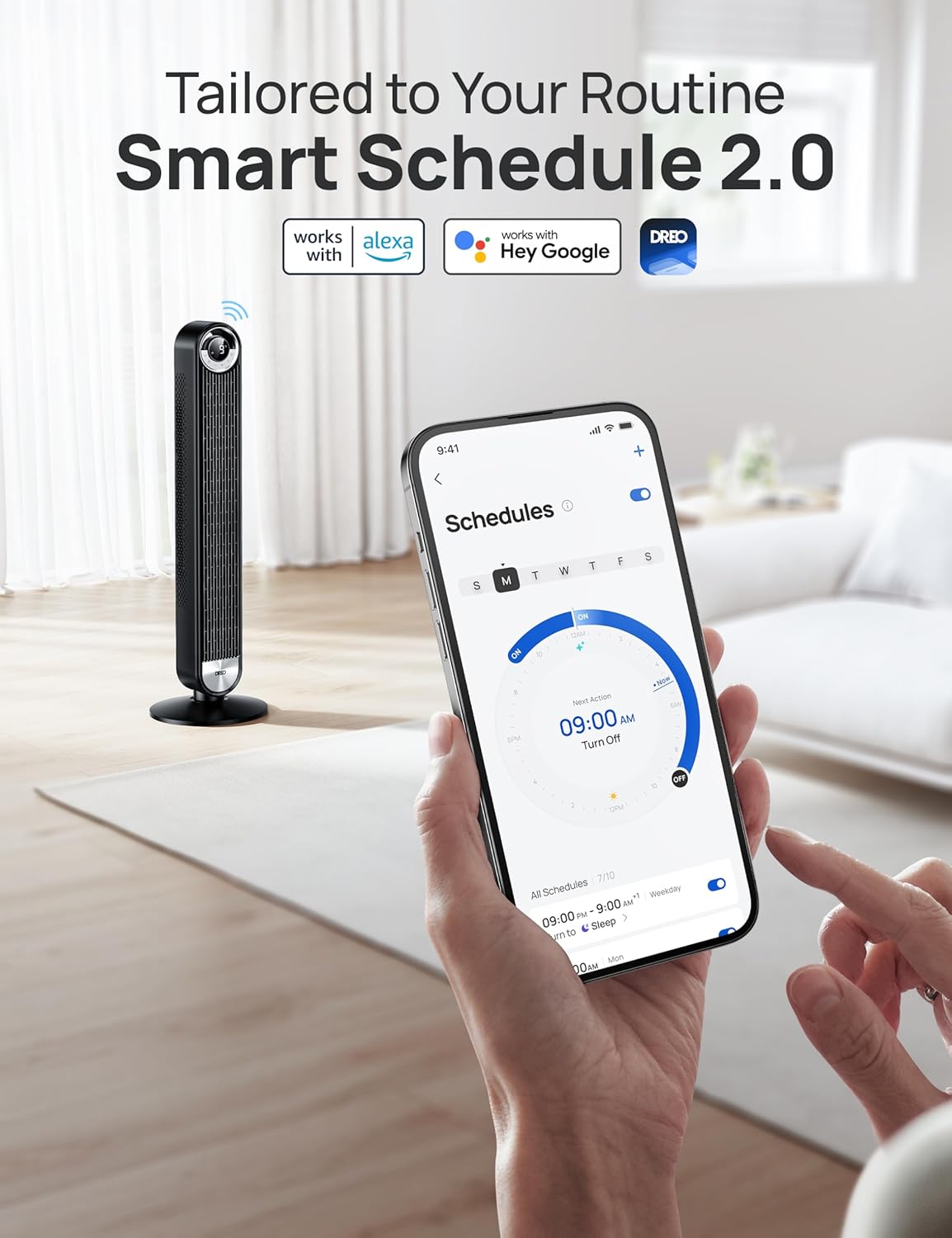 DREO 20dB Smart Silent Tower Fan, 8.5m/s Velocity Standing Fan for Bedroom, 9 Speeds 4 Modes, Upgraded DC Cooling Fans, 90 Oscillating Bladeless