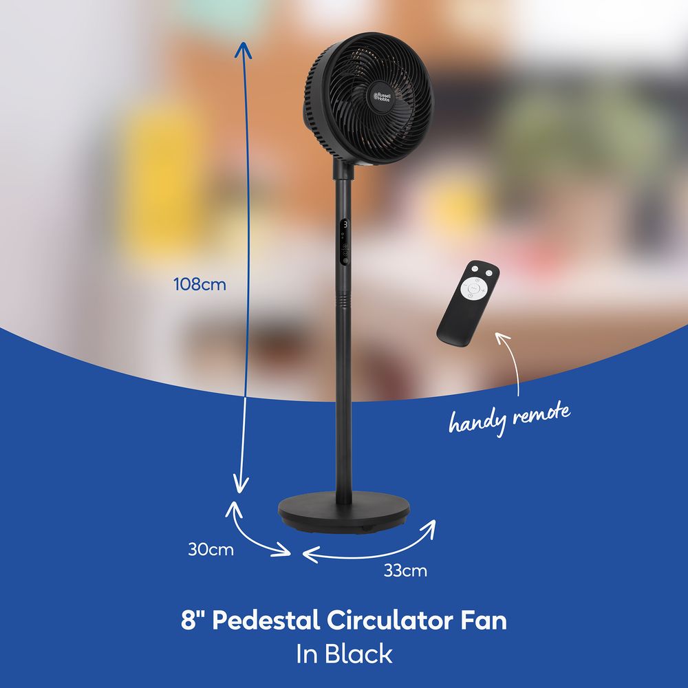 Russell Hobbs 8" Pedestal Circulator Fan – 5 Speeds, Turbo, Remote (RHPCF825B)