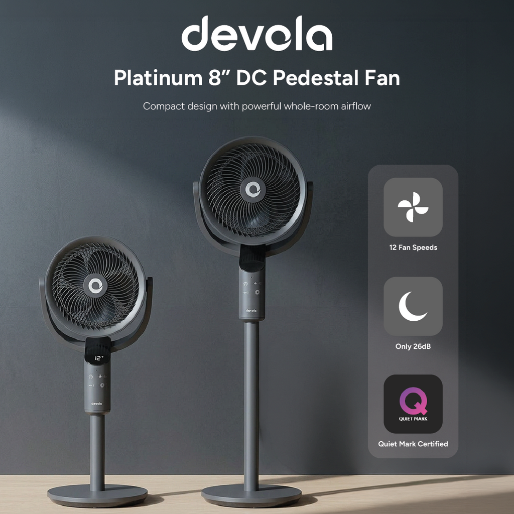 Devola Platinum Low Noise 8 Inch Air Circulator Pedestal Fan, Grey - DVPF8DCB