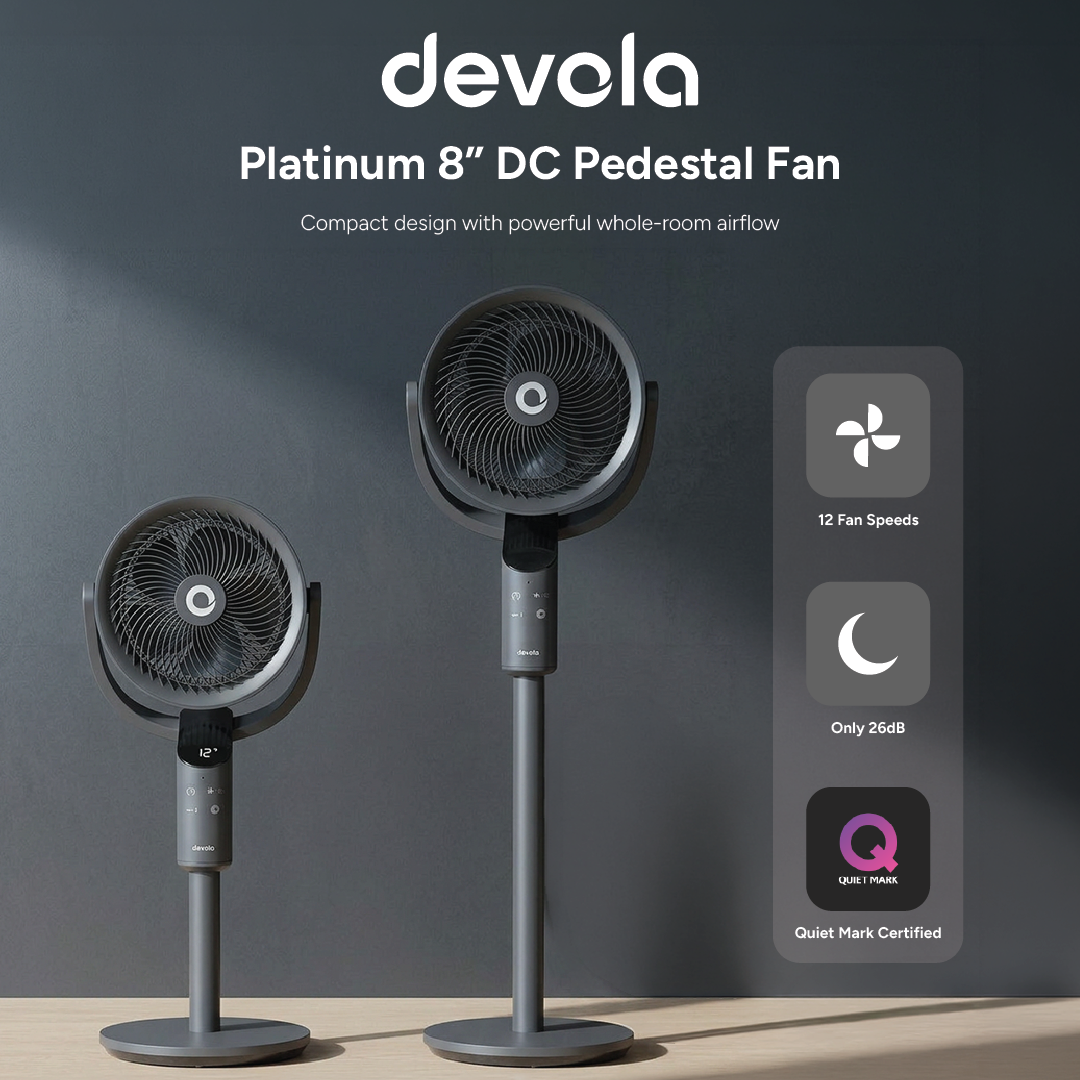 Devola Platinum Low Noise 8 Inch Air Circulator Pedestal Fan, Grey - DVPF8DCB