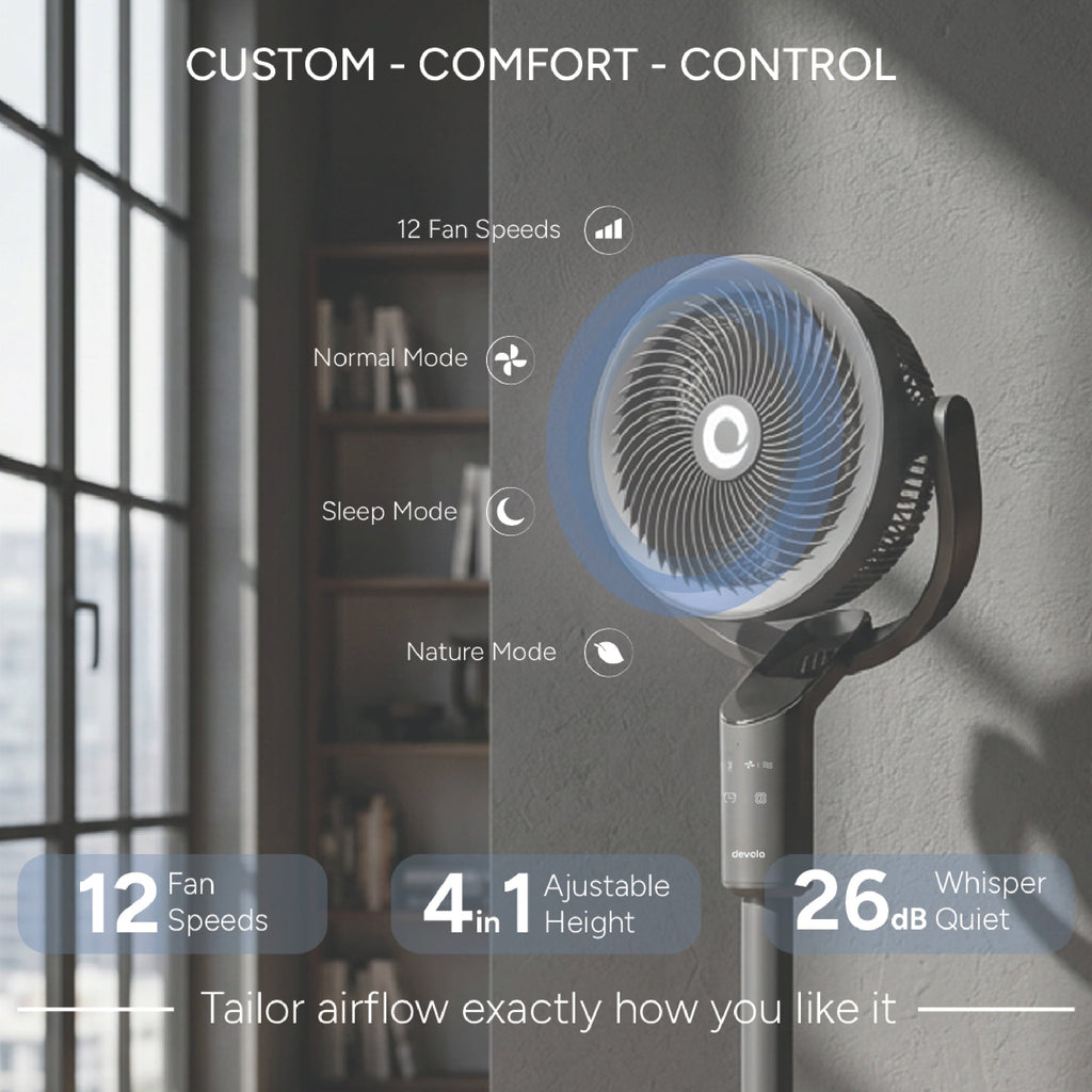 Devola Platinum Low Noise 8 Inch Air Circulator Pedestal Fan, Grey - DVPF8DCB