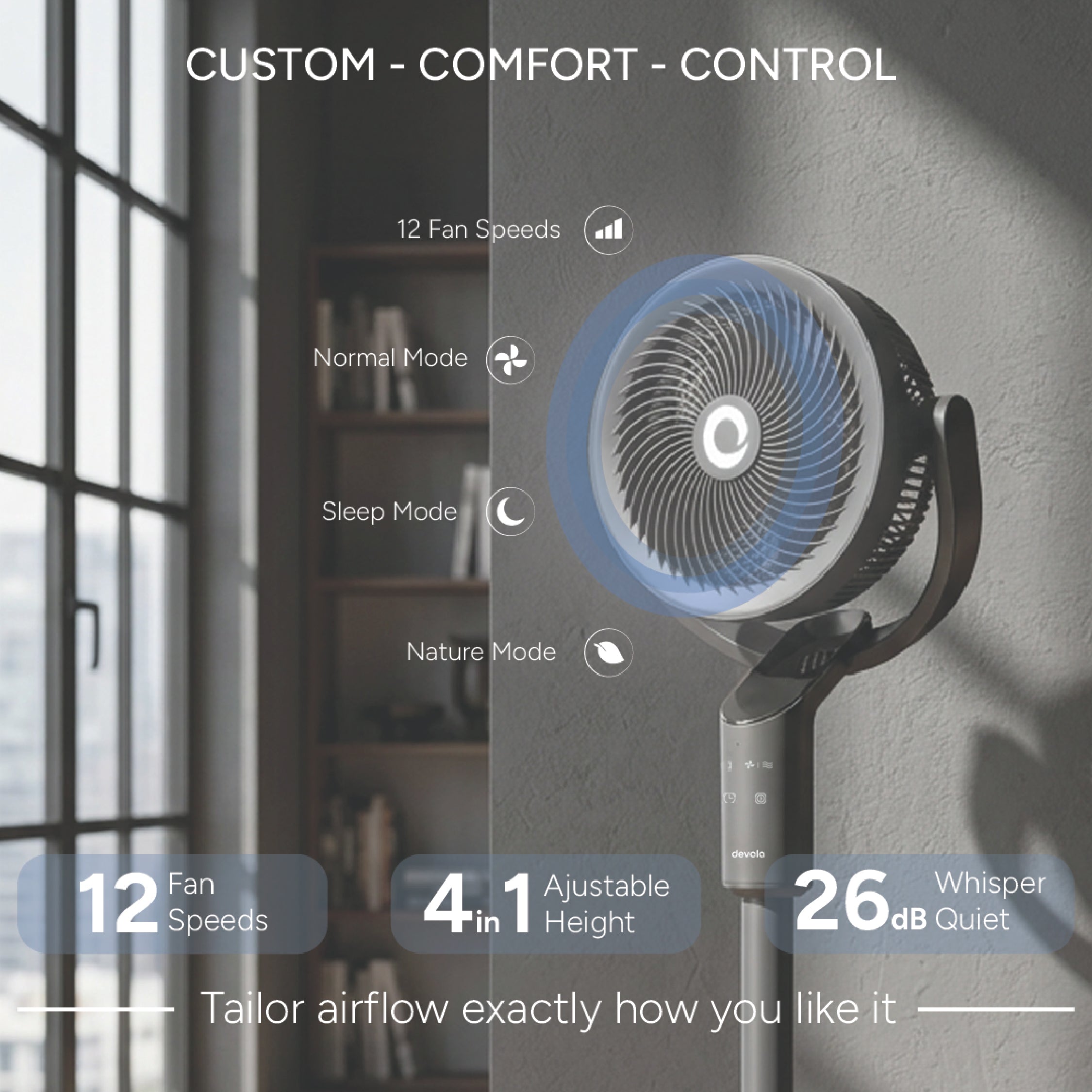 Devola Platinum Low Noise 8 Inch Air Circulator Pedestal Fan, Grey - DVPF8DCB
