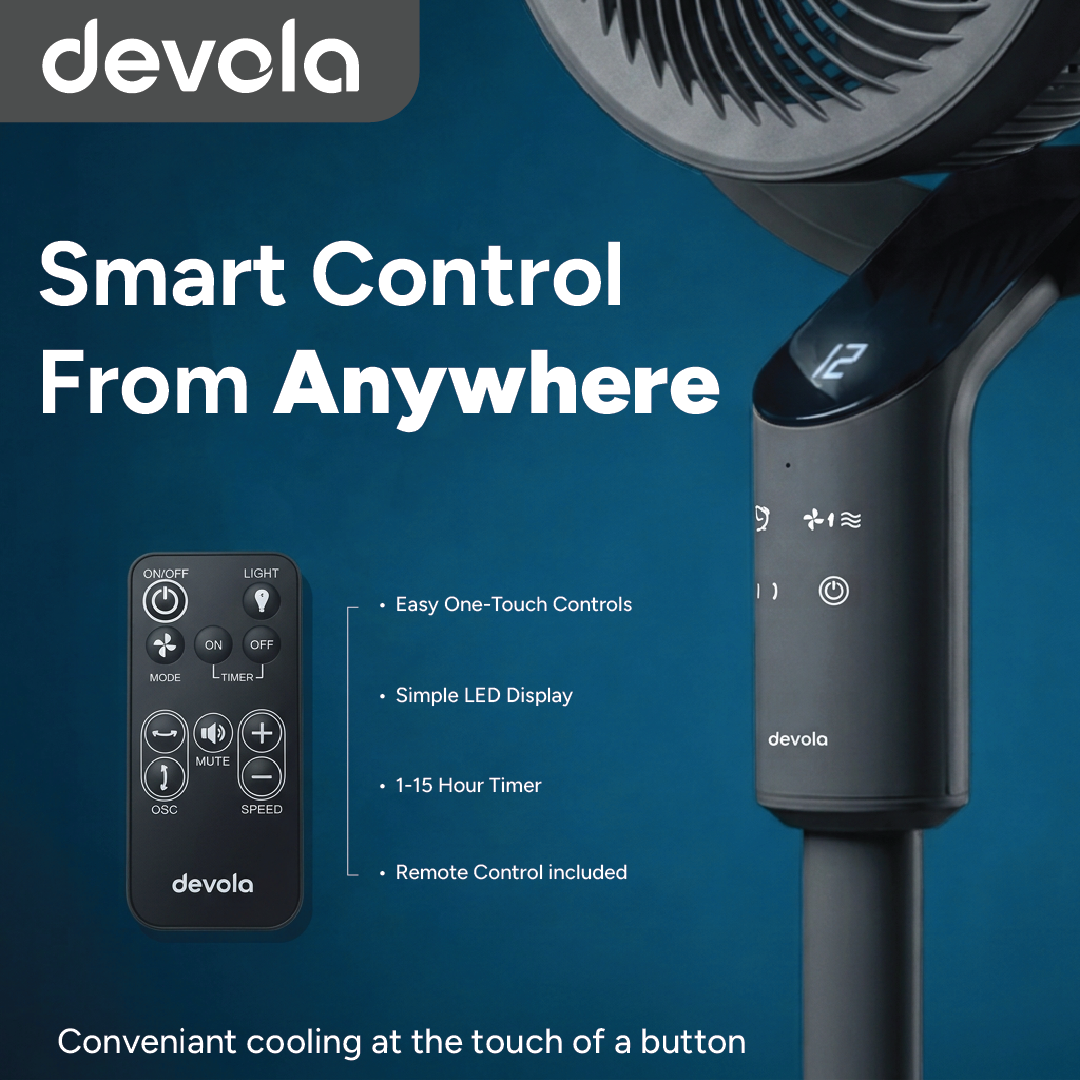 Devola Platinum Low Noise 8 Inch Air Circulator Pedestal Fan, Grey - DVPF8DCB
