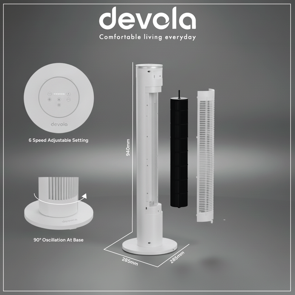 Devola Platinum 38 Inch Tower Fan with Remote, White & Silver - DVTF38PWH