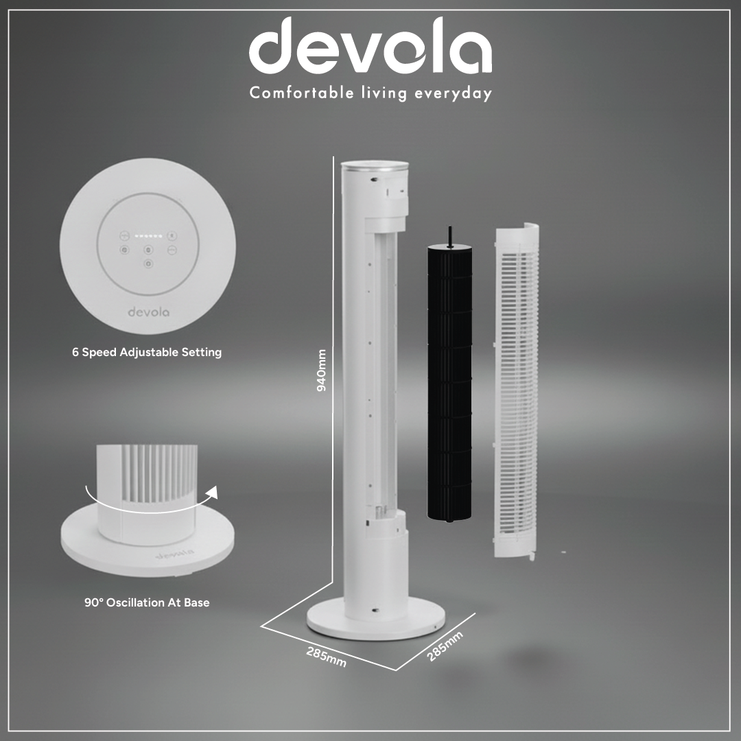 Devola Platinum 38 Inch Tower Fan with Remote, White & Silver - DVTF38PWH