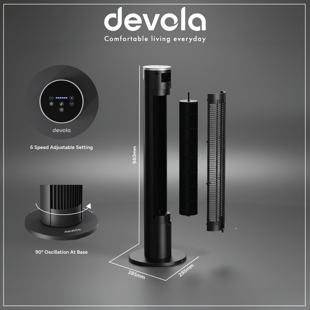 Devola Platinum 38 Inch Tower Fan with Remote, Black & Silver - DVTF38PBS