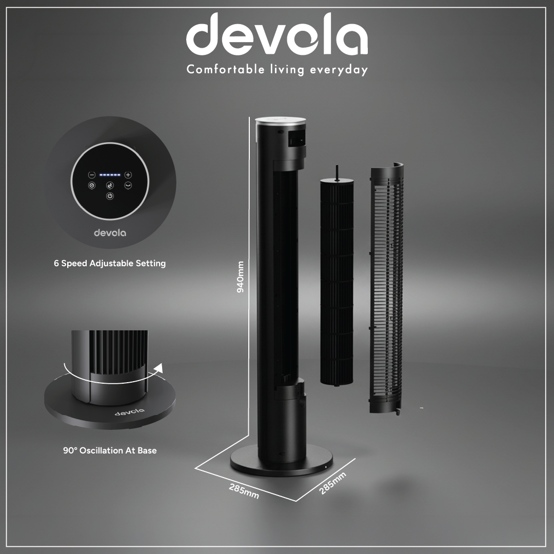 Devola Platinum 38 Inch Tower Fan with Remote, Black & Silver - DVTF38PBS