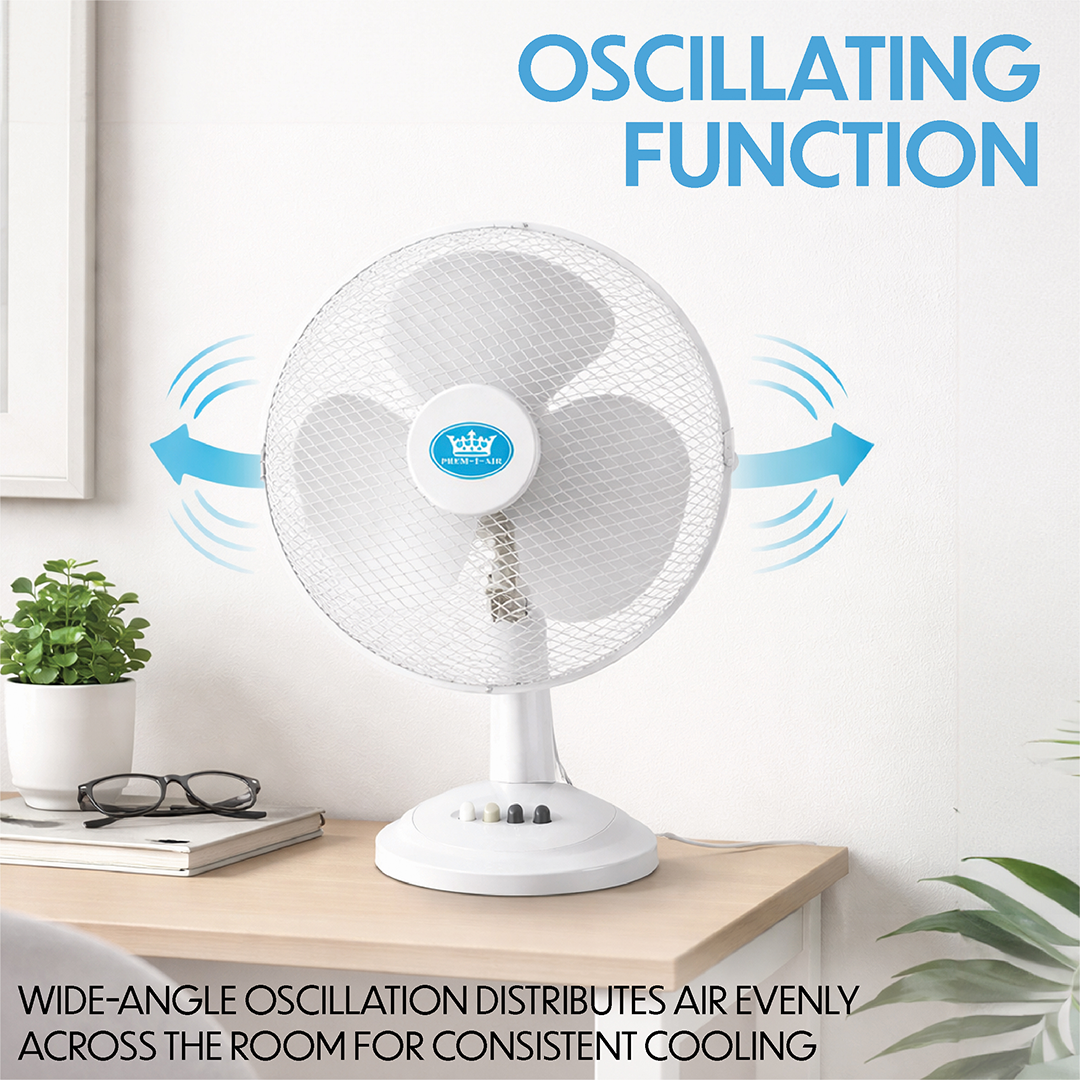 Prem-i-air 16" Compact Desk Fan - 3 Speed Settings, Oscillation & Adjustable Angle - White - EH5798